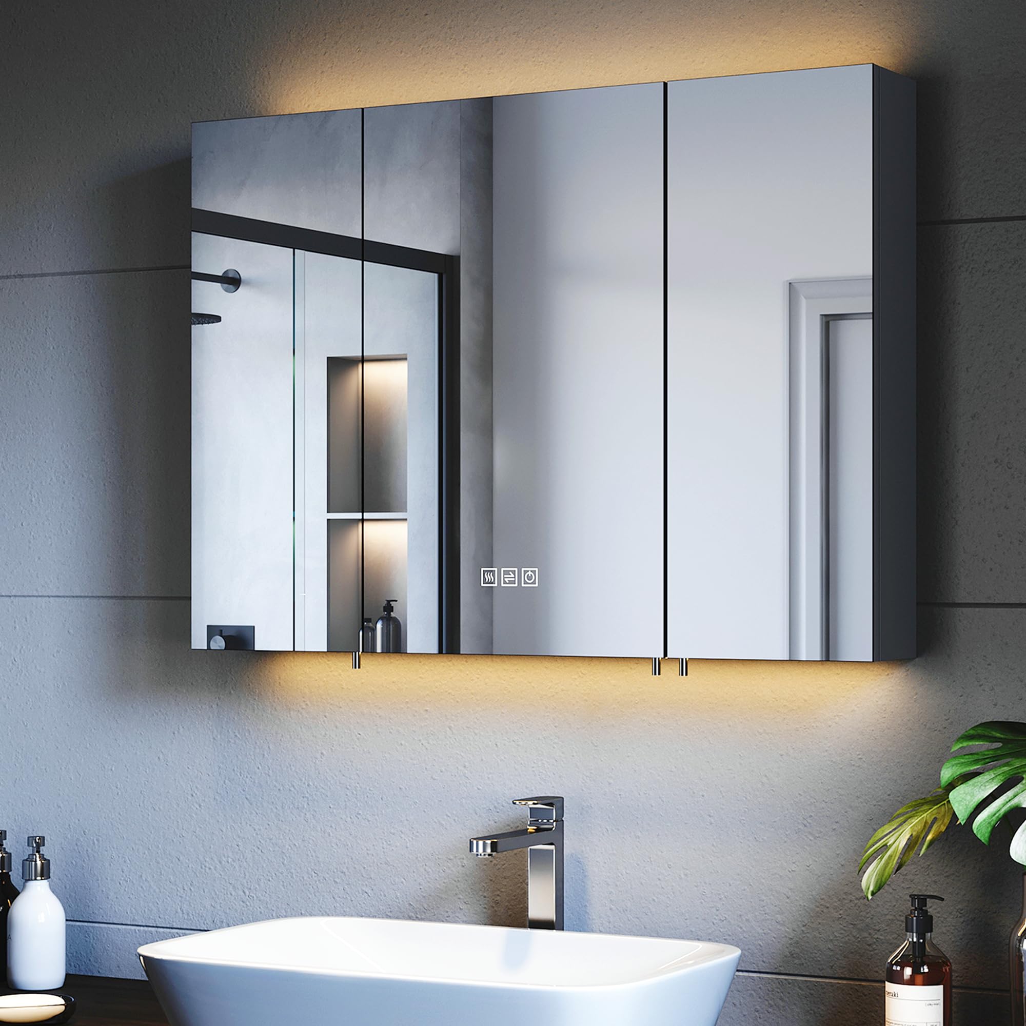Spiegelschrank 900x650mm mit Beleuchtung, LED Badspiegelschrank, 3 Farbtemperatur dimmbare, Antibeschlag, Steckdose und Touch, Schwarz Smarter Spiegelschrank