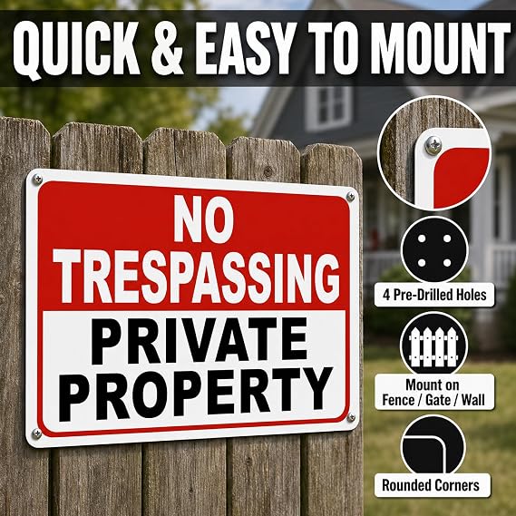 2 Pack No Trespassing Signs Private Property 10x7 Inch 40 Mil Rust Free Aluminum, Reflective Warning Sign, UV Printed, Weatherproof & Easy to Mount, High Visibility Security Sign for Home & Business