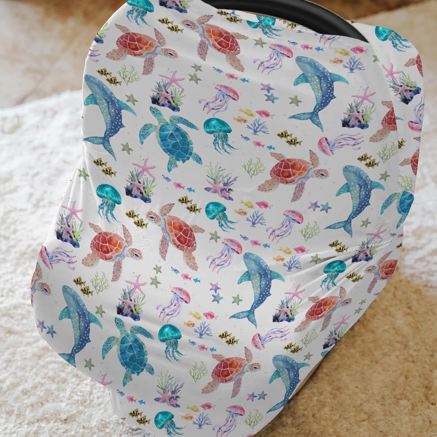 Fantasy Sea Animals Baby Car Seat Covers Turtle Whale Jellyfish Corals Stretchy 5-in-1 Cover Adjustable Car Canopy Breastfeeding Cover Nautical Marine Life Breathable Nursing Cover-Up