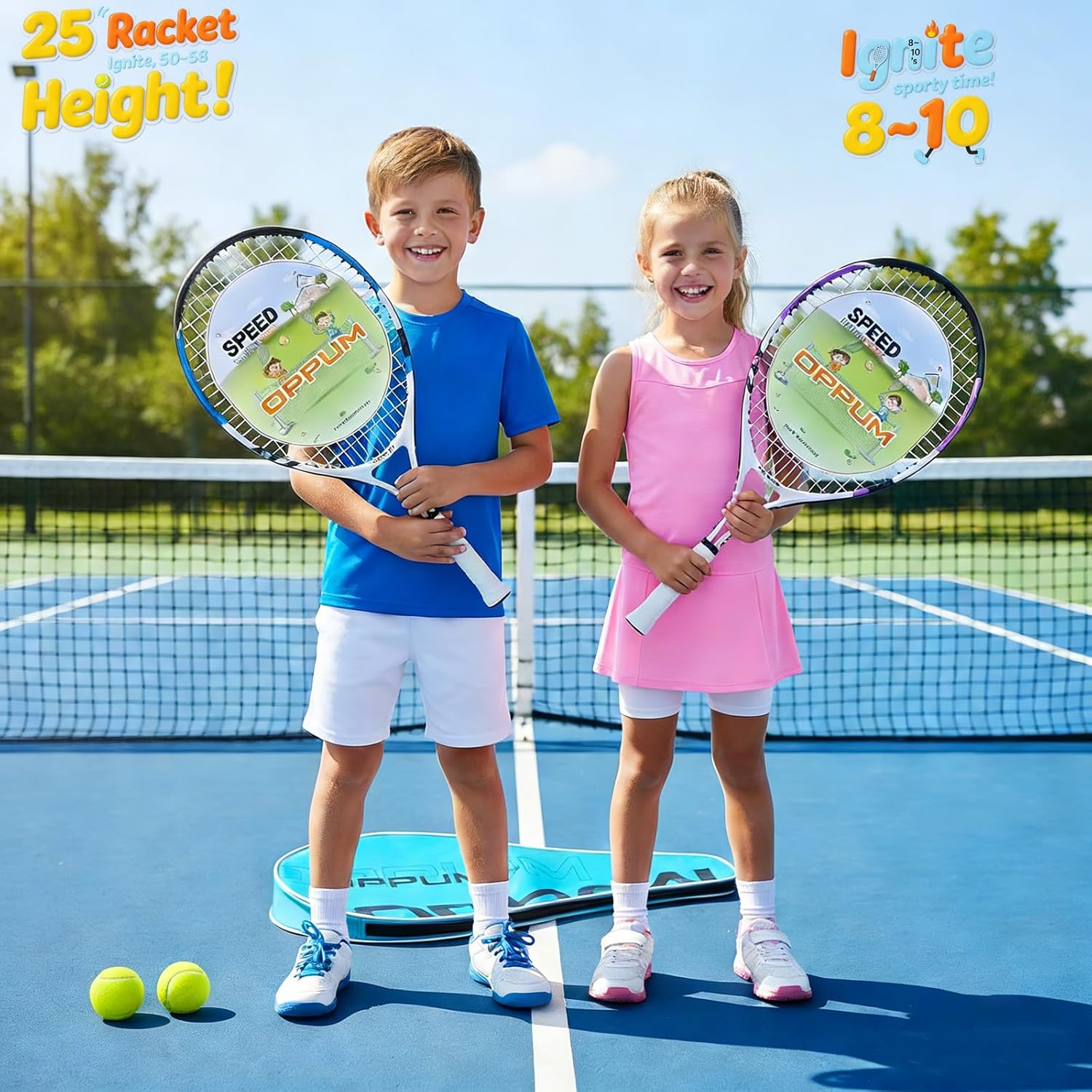 2-Pack Kids Tennis Racket Set, 16 21 23 25 Inch Junior Racquets for Boys Girls, Lightweight Aluminum Starter Kit with Shoulder Bag and 2 Balls