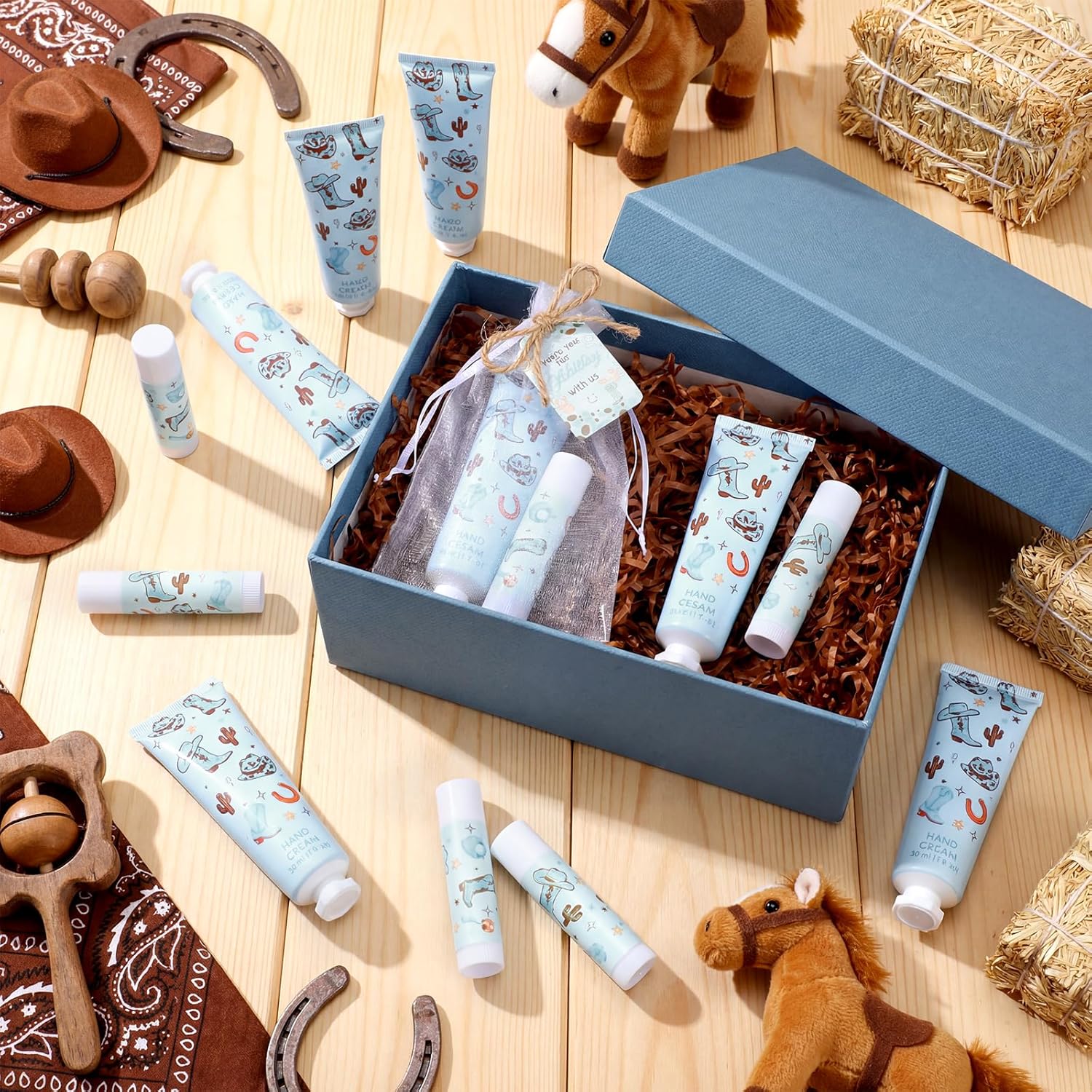 30 Sets Blue Cowboy Hand Creams and Lip Balms Gift Bulk Western Cowboy Baby Shower Party Favors for Guests Disco Boots Travel Size Hand Lotion and Lip Balm Gifts for Birthday Bridal Shower