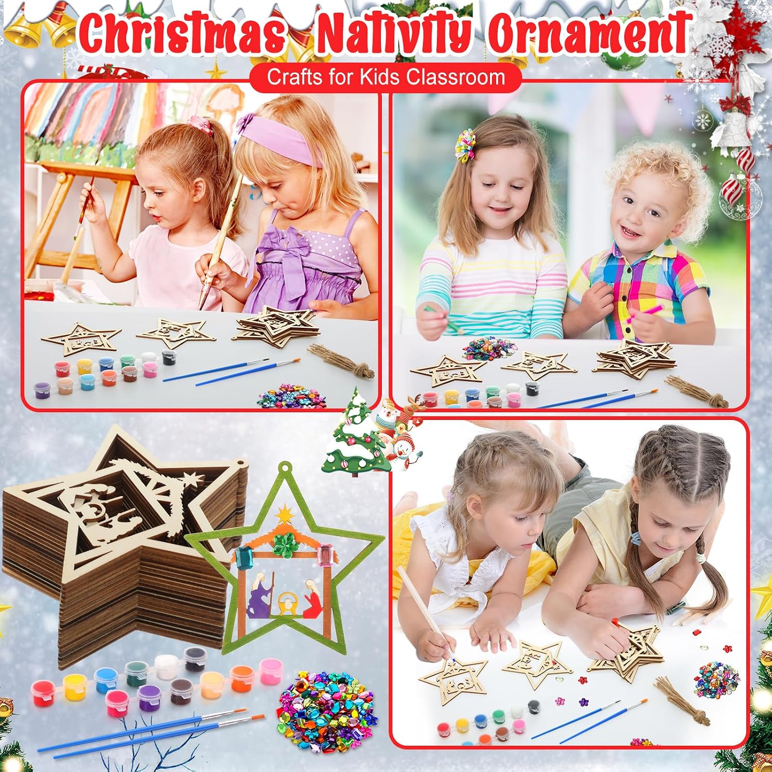 DoubleFill 24 Pcs Christmas Nativity Ornament Crafts Kits for Kids Classroom, Unfinished Wooden Nativity Hanging Ornaments, DIY Coloring Christian Wooden Craft for School Art Activity(Star)