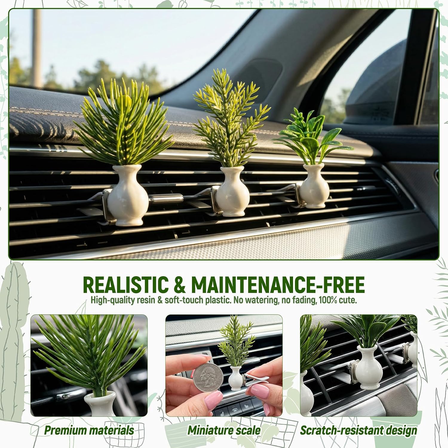 3 Pcs Mini Green Plants Vase Car Vent Clips – Cute Car Decorations, Dashboard Decor & Air Vent Clips with Glue Dots , Car Interior Accessories, Artificial Potted Charm Decor Gifts for Women & Men