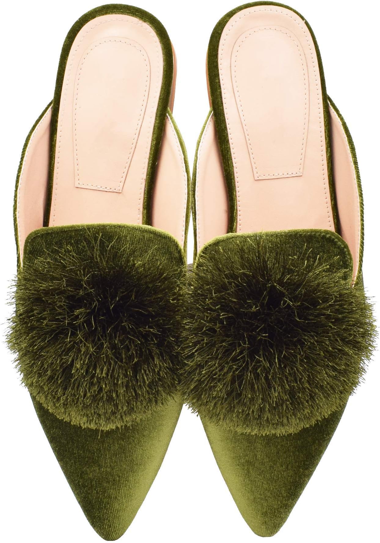 Fericzot Slip On Mule Backless Loafers Flats Puff Pompom Pointed Toe Casual S...