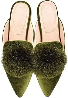 Fericzot Slip On Mule Backless Loafers Flats Puff Pompom Pointed Toe Casual Shoes Slippers