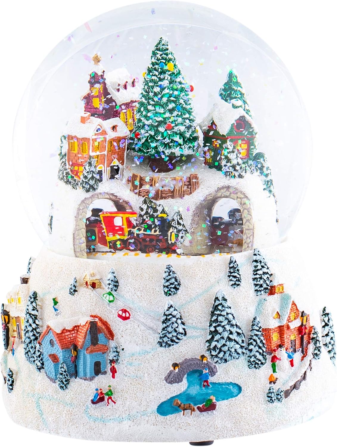 Musical Village Rotating Train White 6 inch Resin Holiday Wind Up Snow Dome