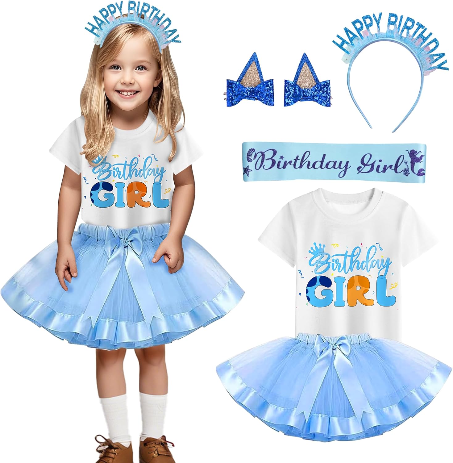Girls Birthday Outfit Set, T-Shirt and Tutu Dress, Blue Headband and Satin Sash for Birthday &Christmas Party 100cm/3-4T Blue&white