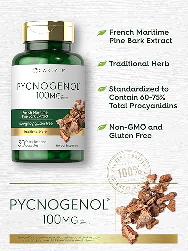 Miniatura 4 de Carlyle Pycnogenol 100mg  30 cápsulas  Extracto de corteza de pino marítimo francés  Pinus Pinaster  Suplemento sin OMG y sin gluten