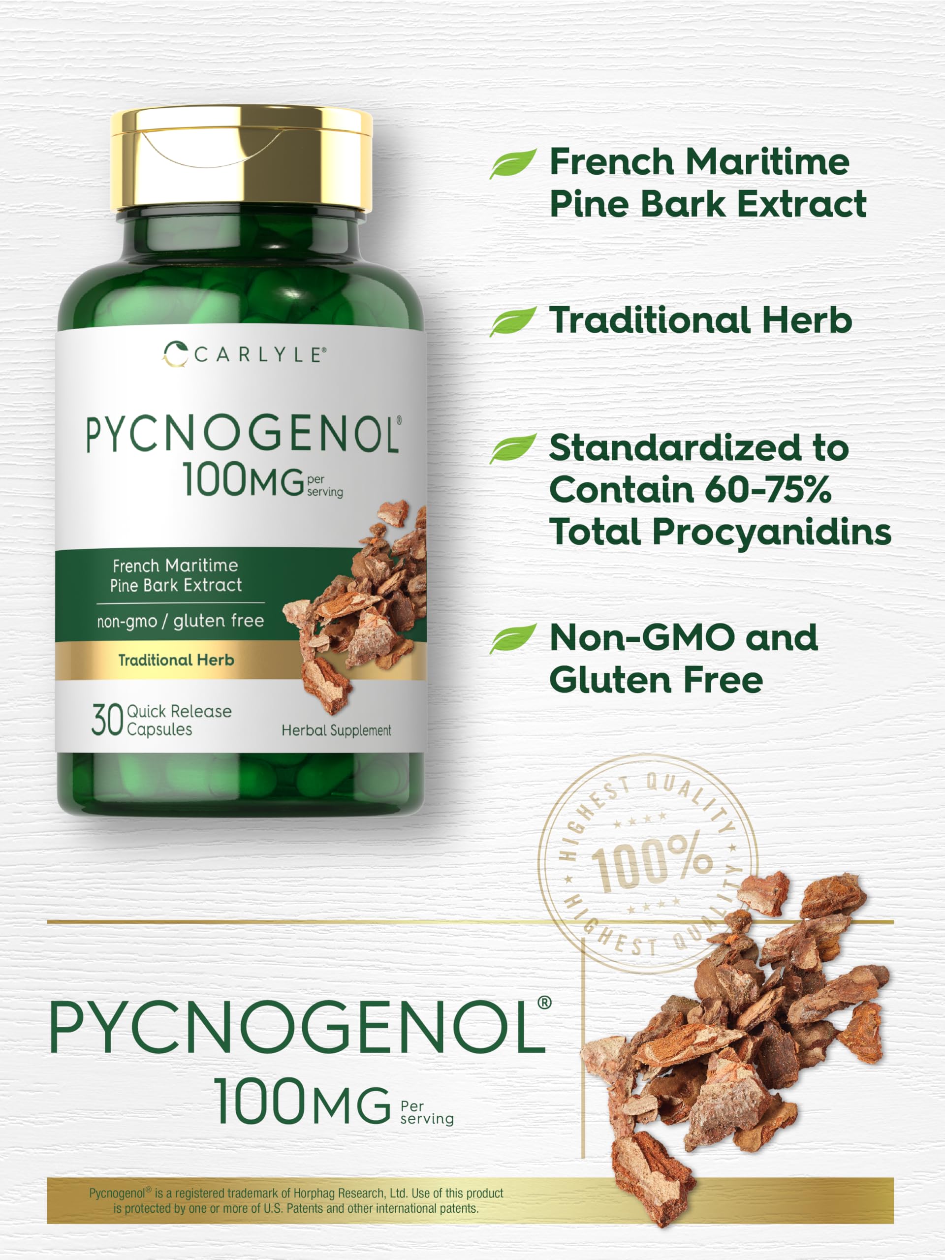 Carlyle Pycnogenol 100mg | 30 Capsules | French Maritime Pine Bark Extract | Pinus Pinaster | Non-GMO and Gluten Free Supplement