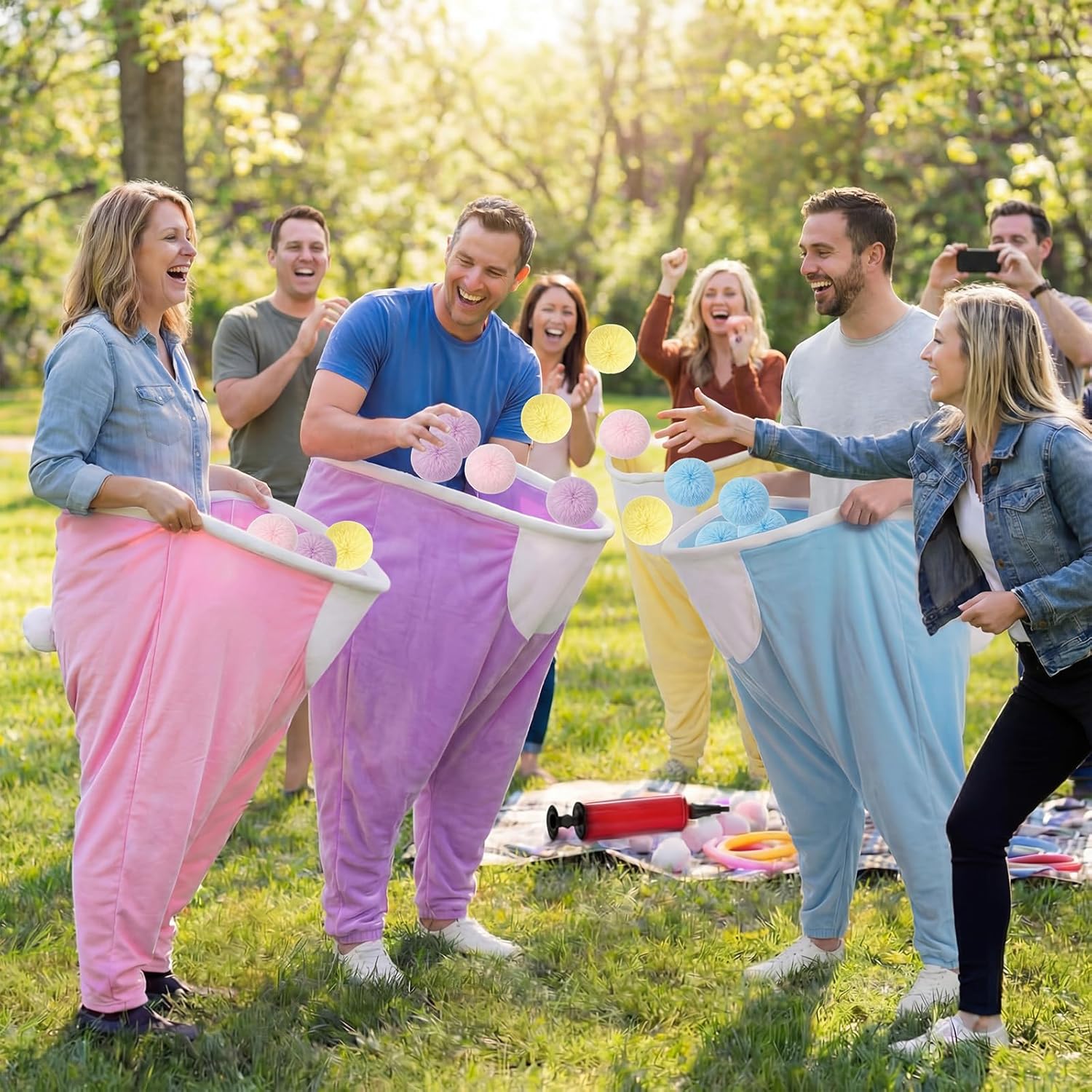 Cuffbow 4 Pcs Easter Bunny Granny Pants Outdoor Game Giant Pants with 40 Pom Balls Outdoor Tossing Catching Game for Easter Party Family Reunion Spring Team Building Church Events 14+