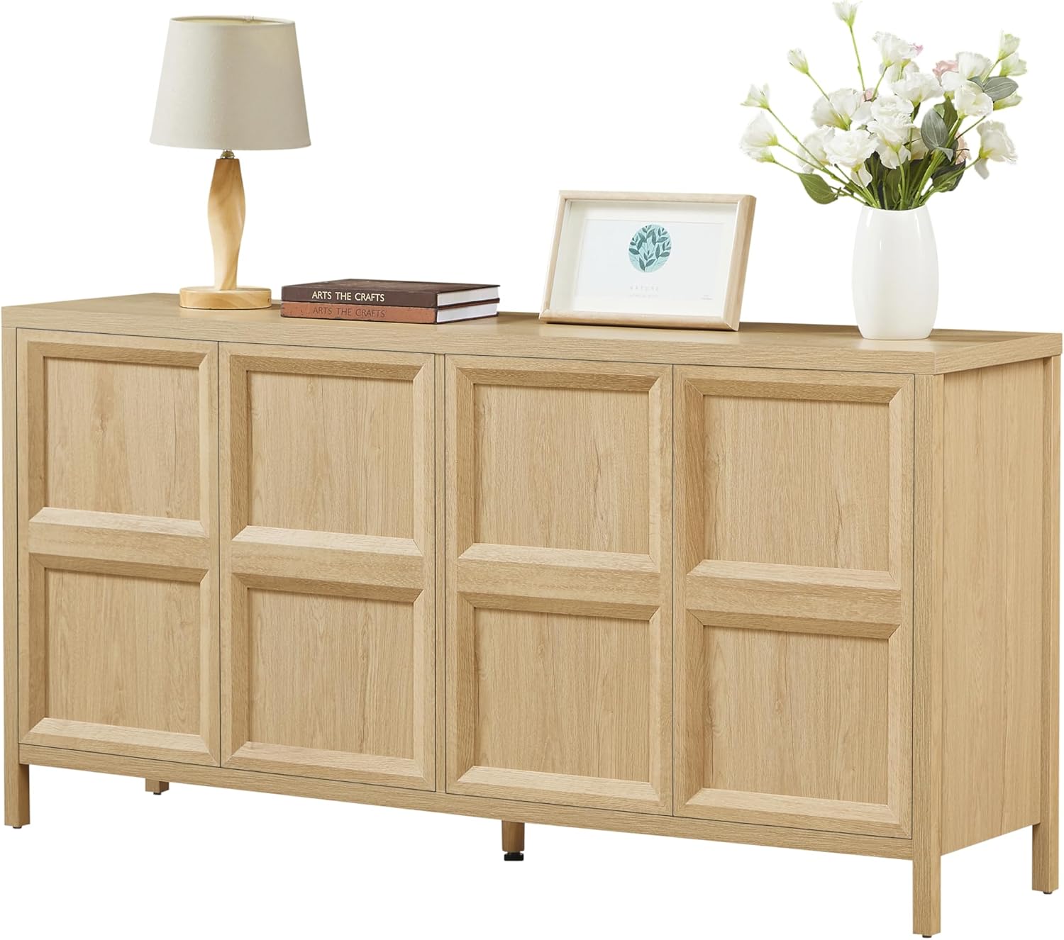 67” Wide Sideboard Buffet Cabinet, Modern Farmhouse Storage Console Table with 4 Soft-Close Doors & Tip-On Opening, Natural Oak Wood Media Console for Dining Room, Living Room, Entryway