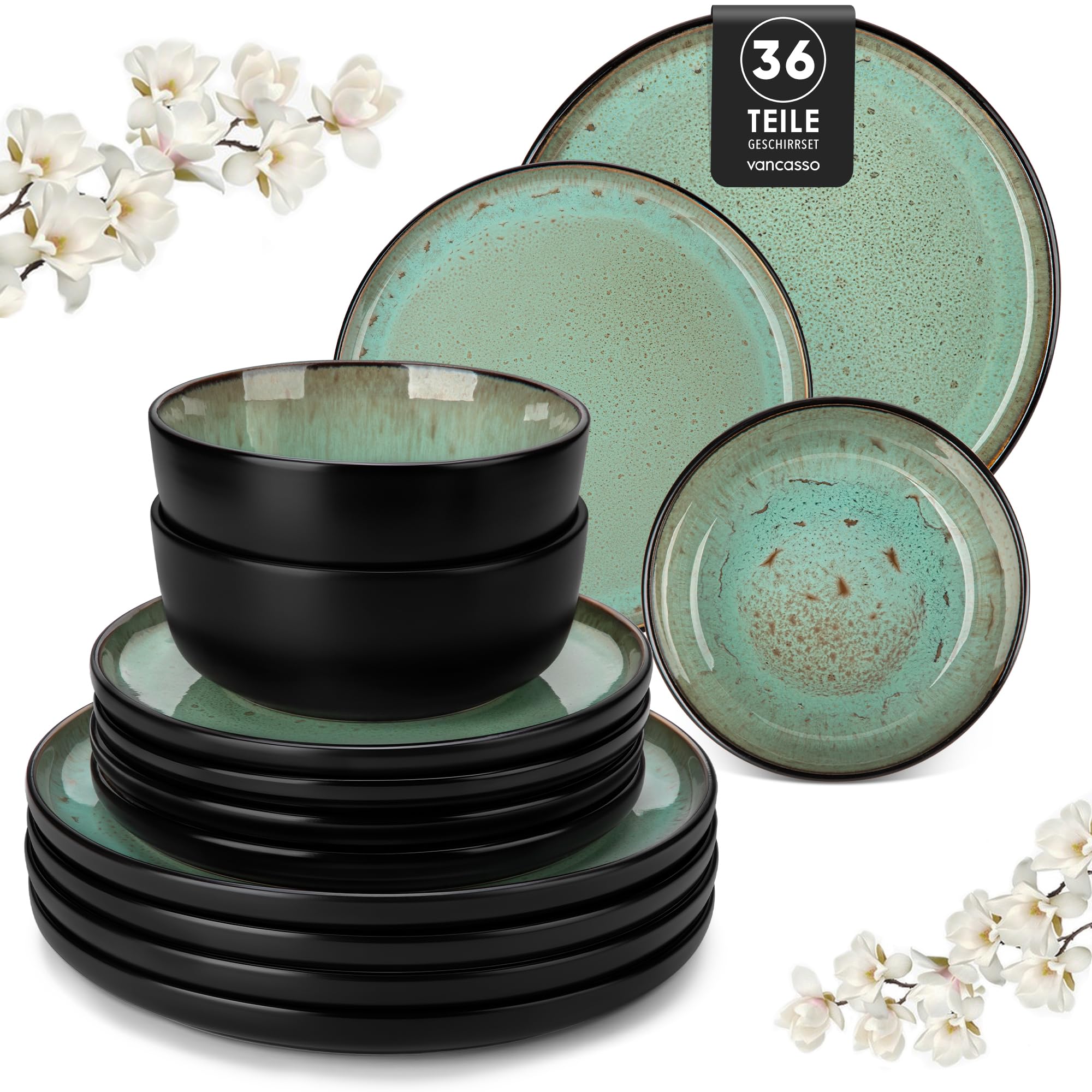 vancasso AMBER Servizio Piatti per 12 Persone, Set Piatti Moderni 36 Pezzi in Gres - 12 Piatti Piani, 12 Piatti Dessert e 12 Ciotole Cereali - Adatto per Lavastoviglie e Microonde - Smalto Verde