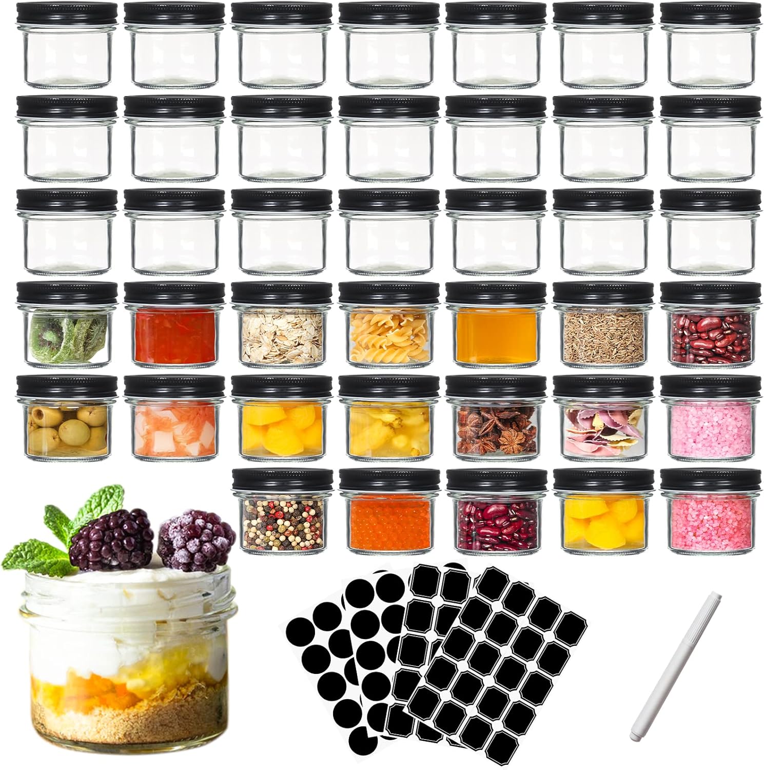Mini Mason Jars 4 oz 40Pack, AuroTrends 4oz Canning Jars with Black
