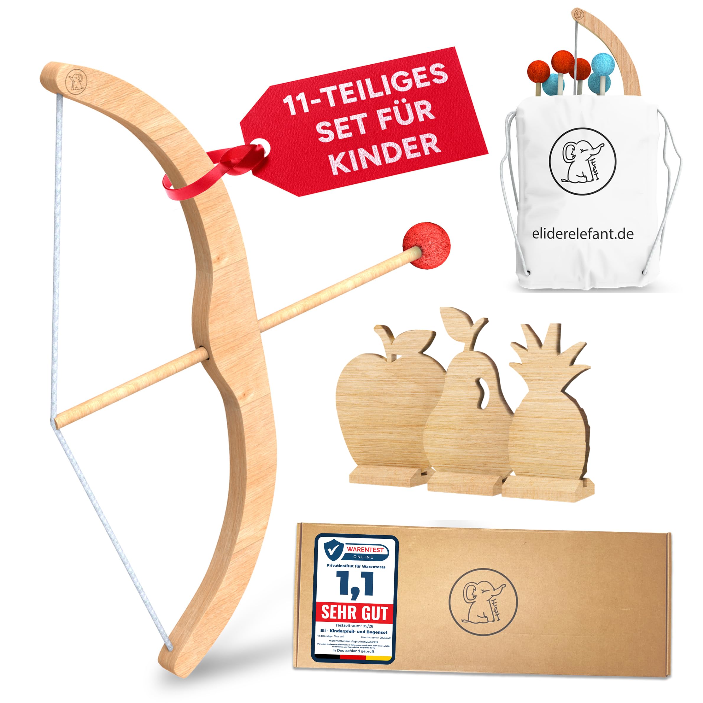 Eli® Arc et flèche pour enfants avec 6 flèches en feutre – 3 cibles et sac à dos en coton – Tir à l'arc pour enfants – Jouet en bois pour enfants à partir de 3 ans