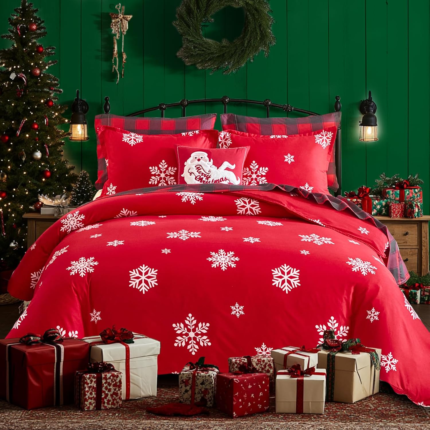 Tititada Christmas Snowflake Duvet Cover Set Queen Soft - White Snowflake on Red Holiday Decor Bedding Set for All Season, 1 Duvet Cover and 2 Shams