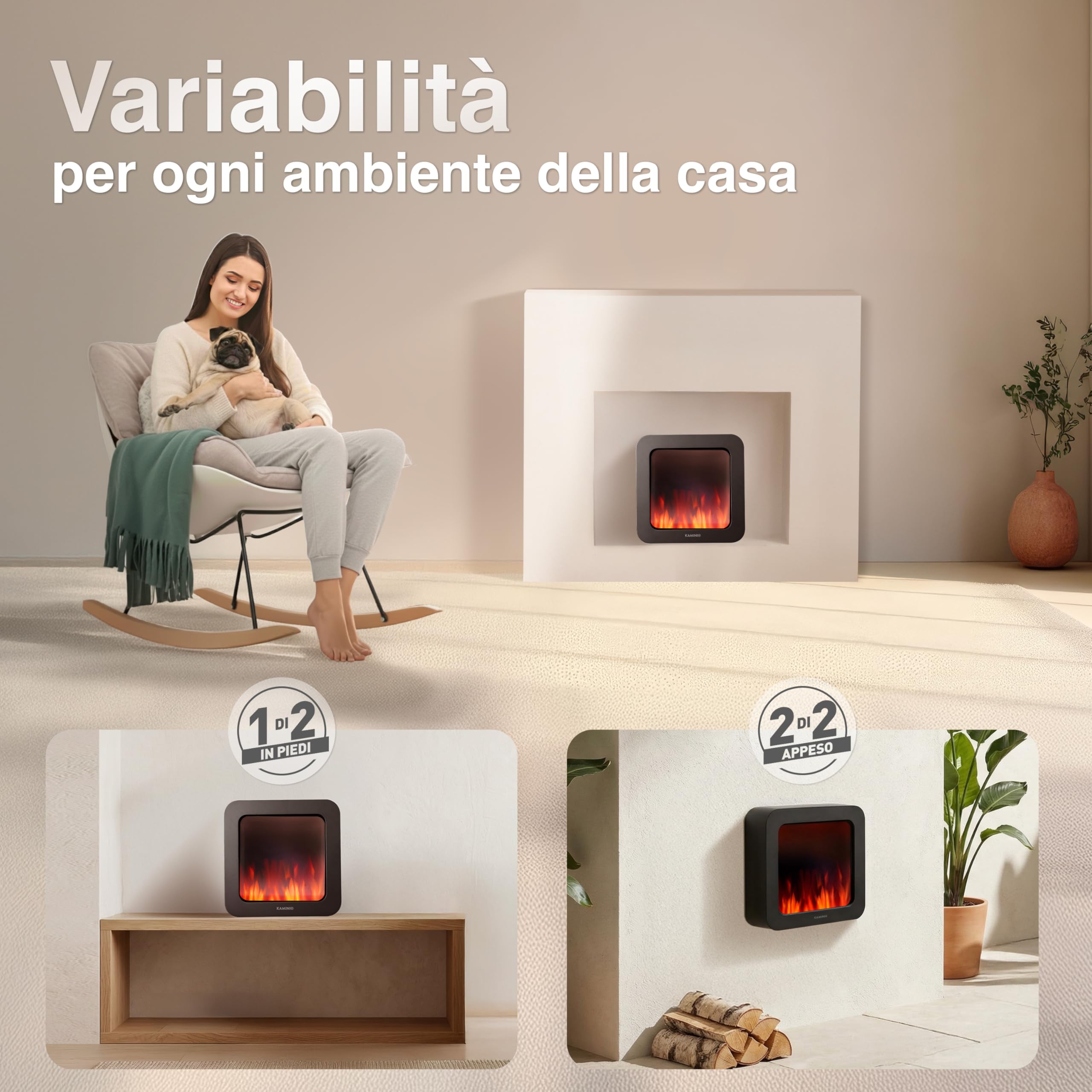 KAMINIO Camino tavolo elettrico MIA - Braciere elettrico tavolo decorativo con effetto fiamma 3D, senza fili, batteria lunga durata (Nero, 10"/25cm)