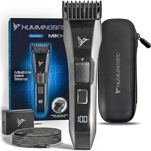 HUMMINGBIRD MK14 BeardMaster – Premium Beard Trimmer for Men, Precision Dial, Adjustable 20 Length Settings, Stainless Steel T-Blade, Cordless USB-C Rechargeable, Waterproof, LED Display, Travel Case