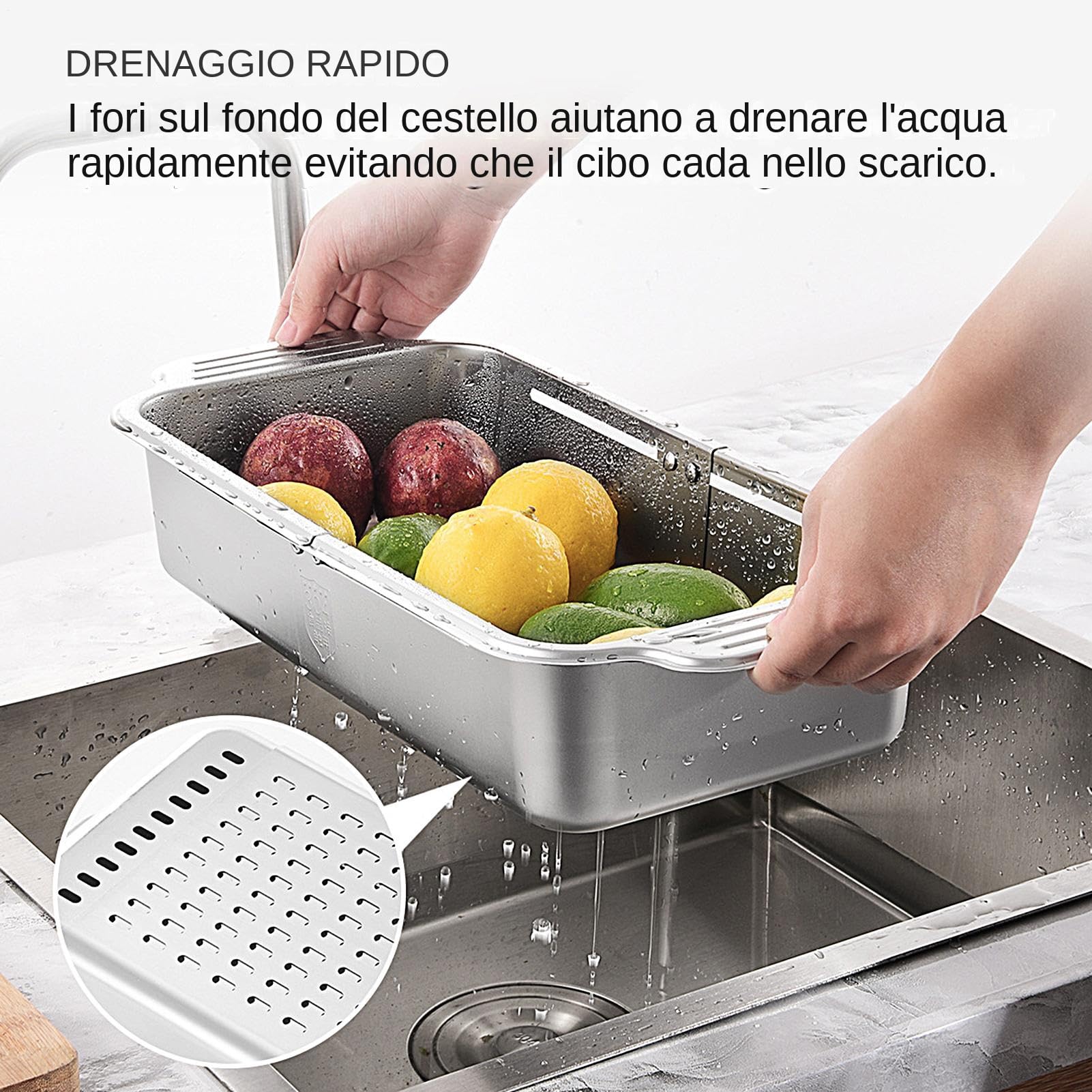 Scolapiatti da sopra il lavello - Griglia retrattile, cestello in acciaio inox | Vassoio scolapiatti regolabile, organizer per piano di lavoro della cucina, inserto resistente lavaggio al
