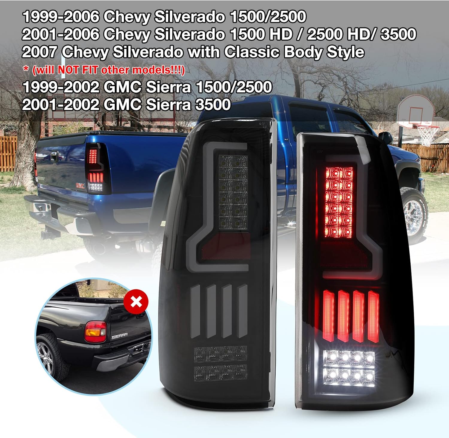 AUTOWIKI LED TailLights for 1999-2006 Chevrolet Silverado 1500 2500 3500, 1999-2002 GMC Sierra Full LED Tail Light Rear lamps Replacement 1 Pair Smoke Lens