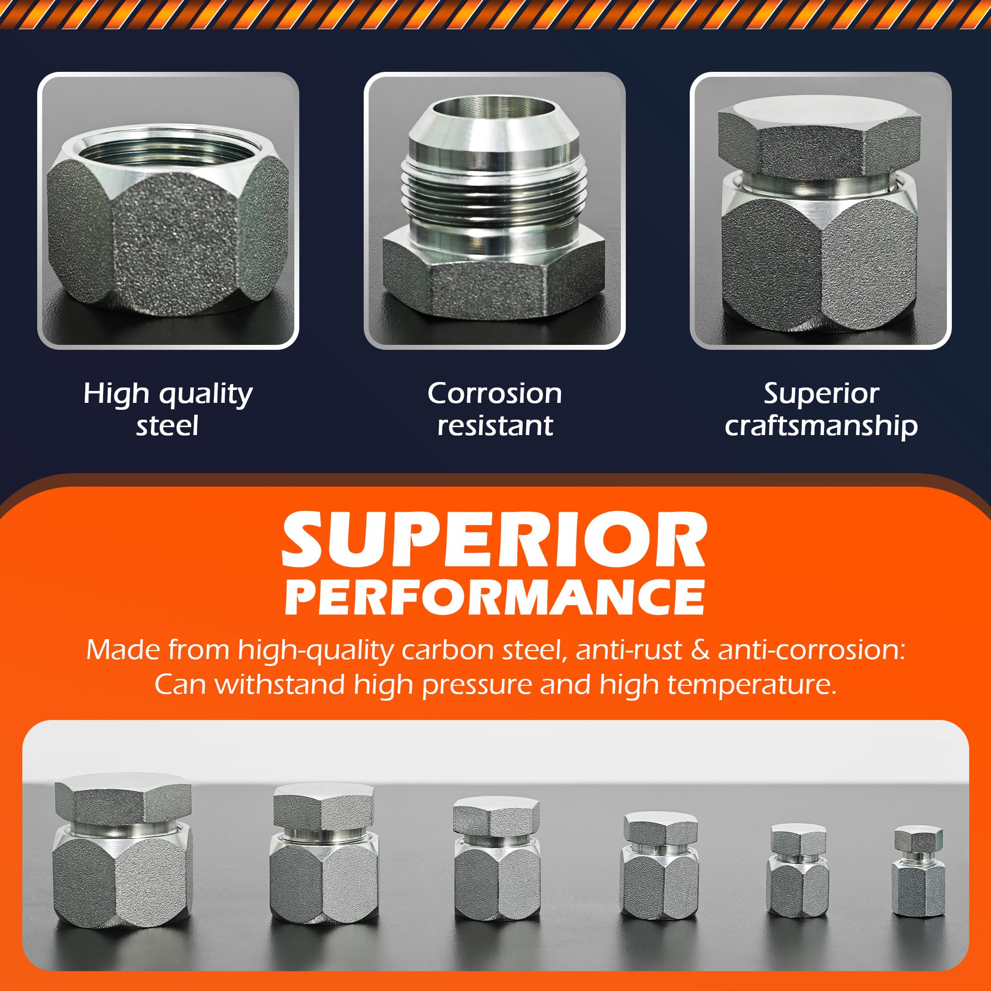 72PCS JIC Plug and Cap Kit, 37 Degree Flare Thread Hydraulic Hose Caps and Plugs, Structural Steel Hydraulic Hose Tube Pipe Fittings, Size 4 6 8 10 12 16