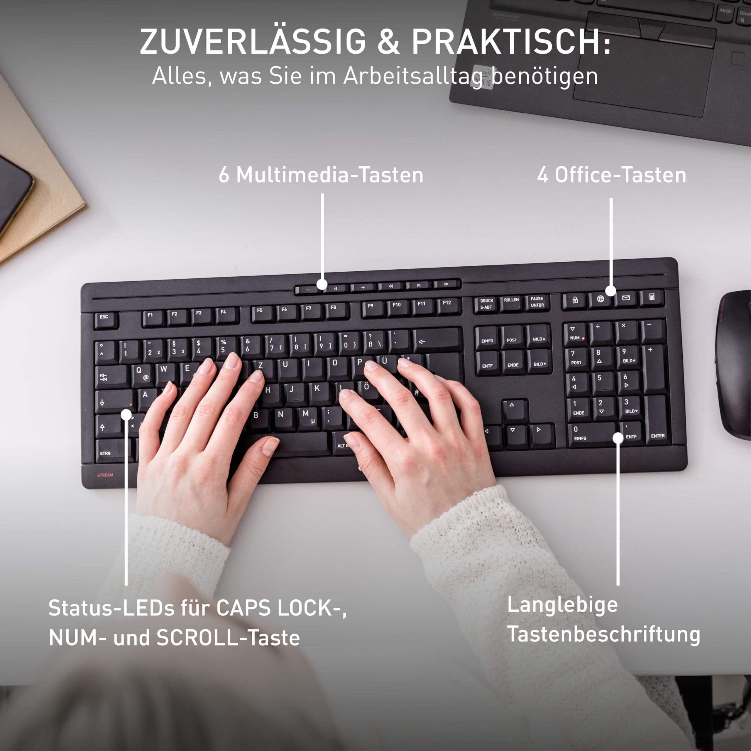 CHERRY Stream Desktop, Kabelloses Tastatur- und Maus-Set, Deutsches Layout (QWERTZ), 2,4 GHz Funk, Leiser Tastenanschlag, Batteriebetrieben, Schwarz