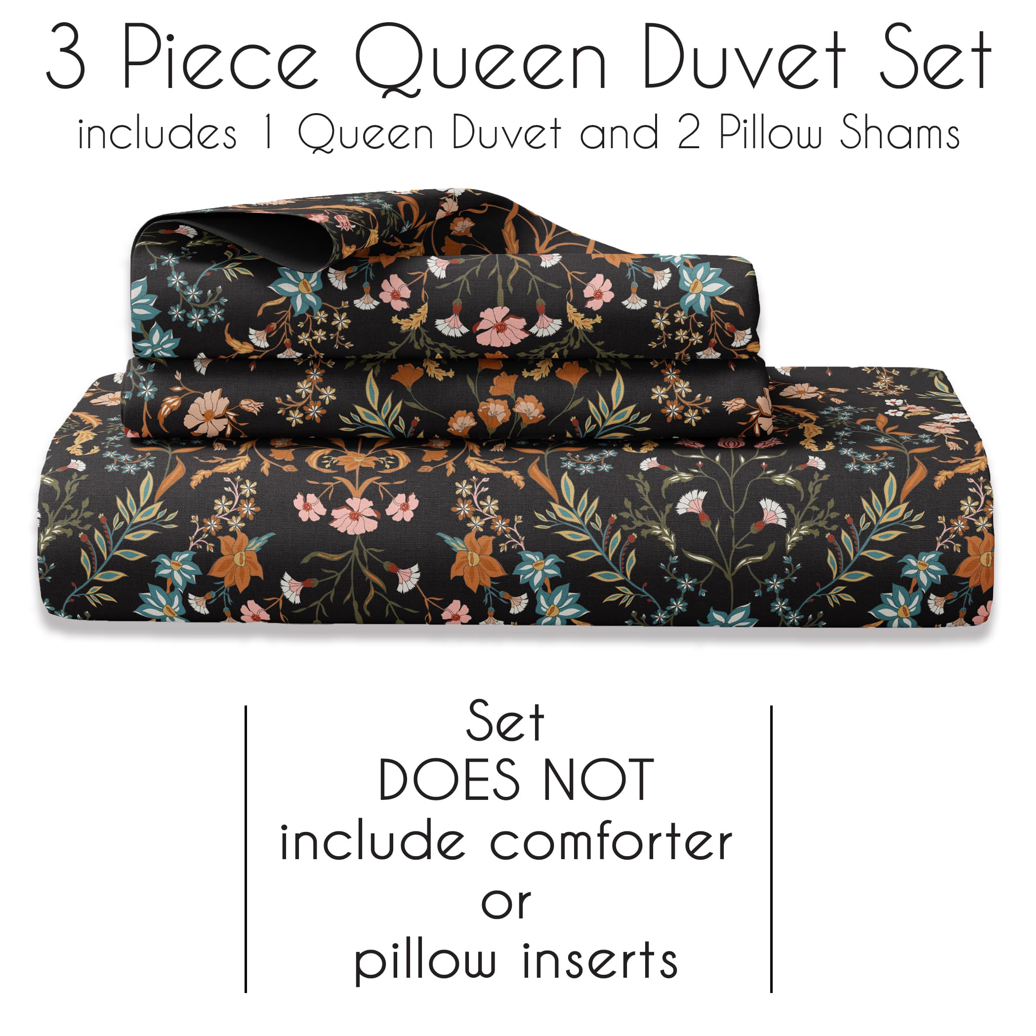 Sweet Jojo Designs boho bohema dom wiejski czarny i pomarańczowy dziki kwiat ogród kwiatowa poszewka na kołdrę i poszewka 3 szt. pełny rozmiar queen size zestaw pościeli sypialnia botaniczny domek