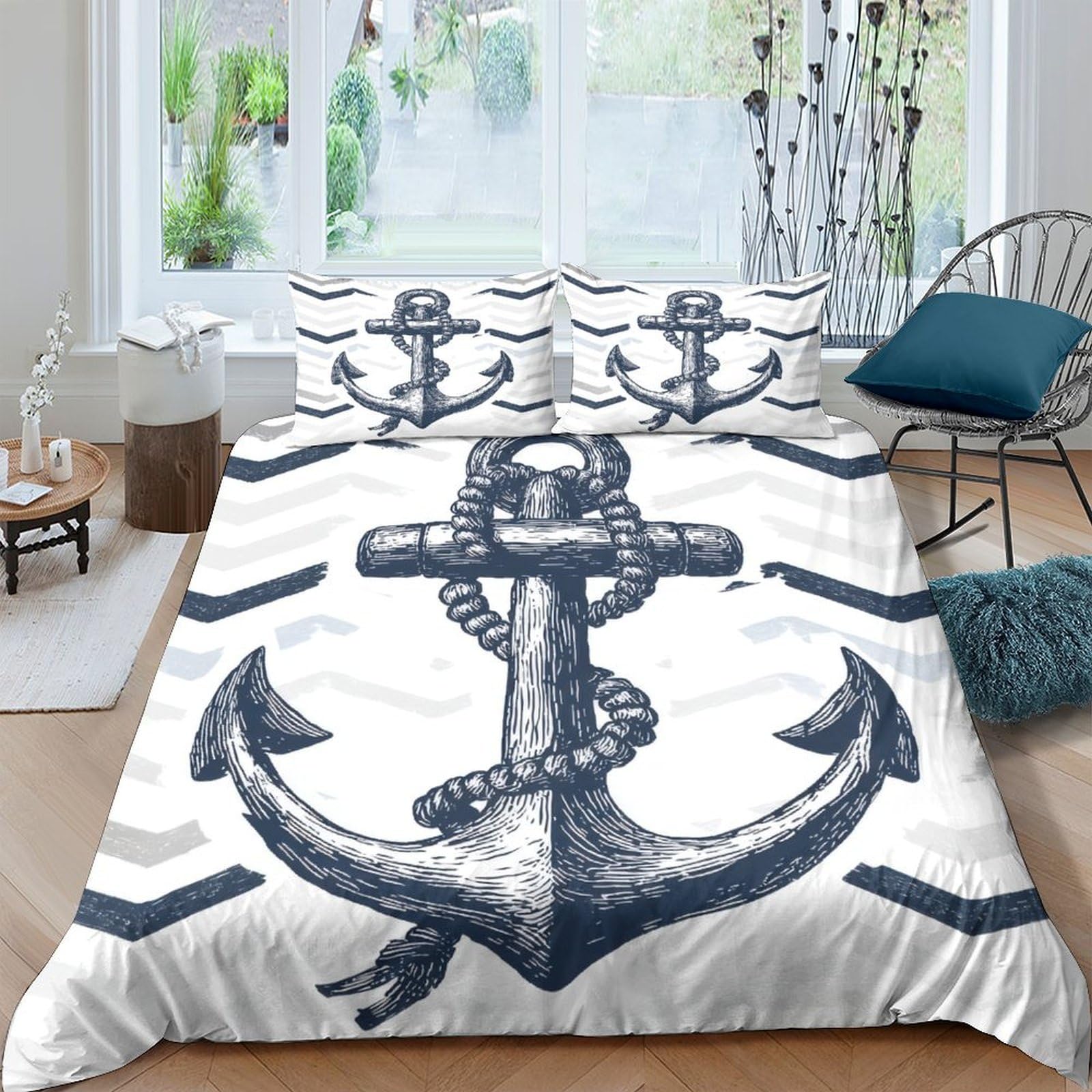 Ctjqhvkz Style-3 3D Printed Nautical Anchor Fitted Sheet Microfiber Soft Bedroom Decor Ocean Rope Mattress Cover For Home Dorm Single（135X200cm）