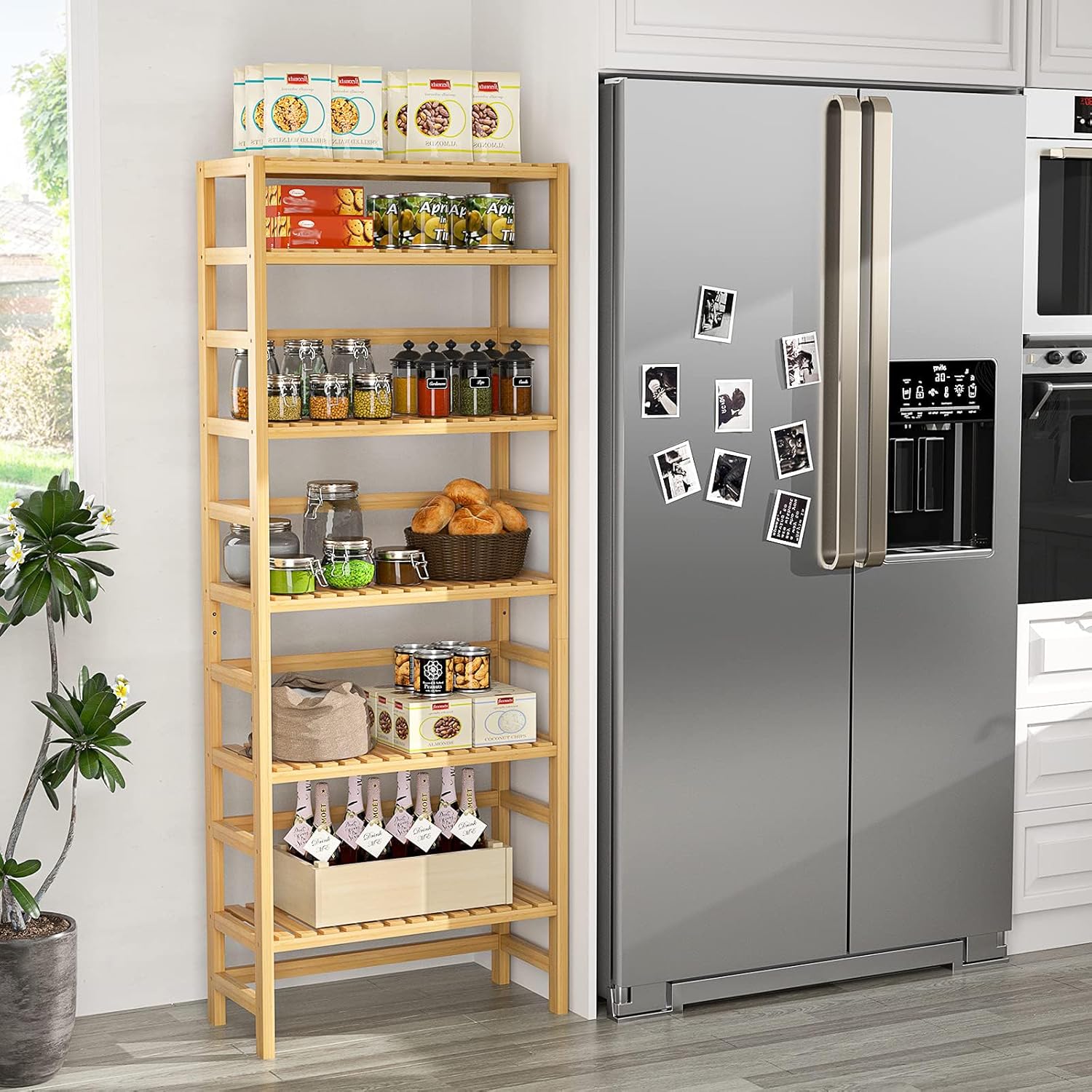 Homykic 6-Tier Bamboo Bookshelves and Bookcases, Adjustable 63.4”Tall Shallow Book Shelf Organizer Rack, Freestanding Storage Shelving Unit for Living Room, Kitchen, Bathroom, Office, Natural