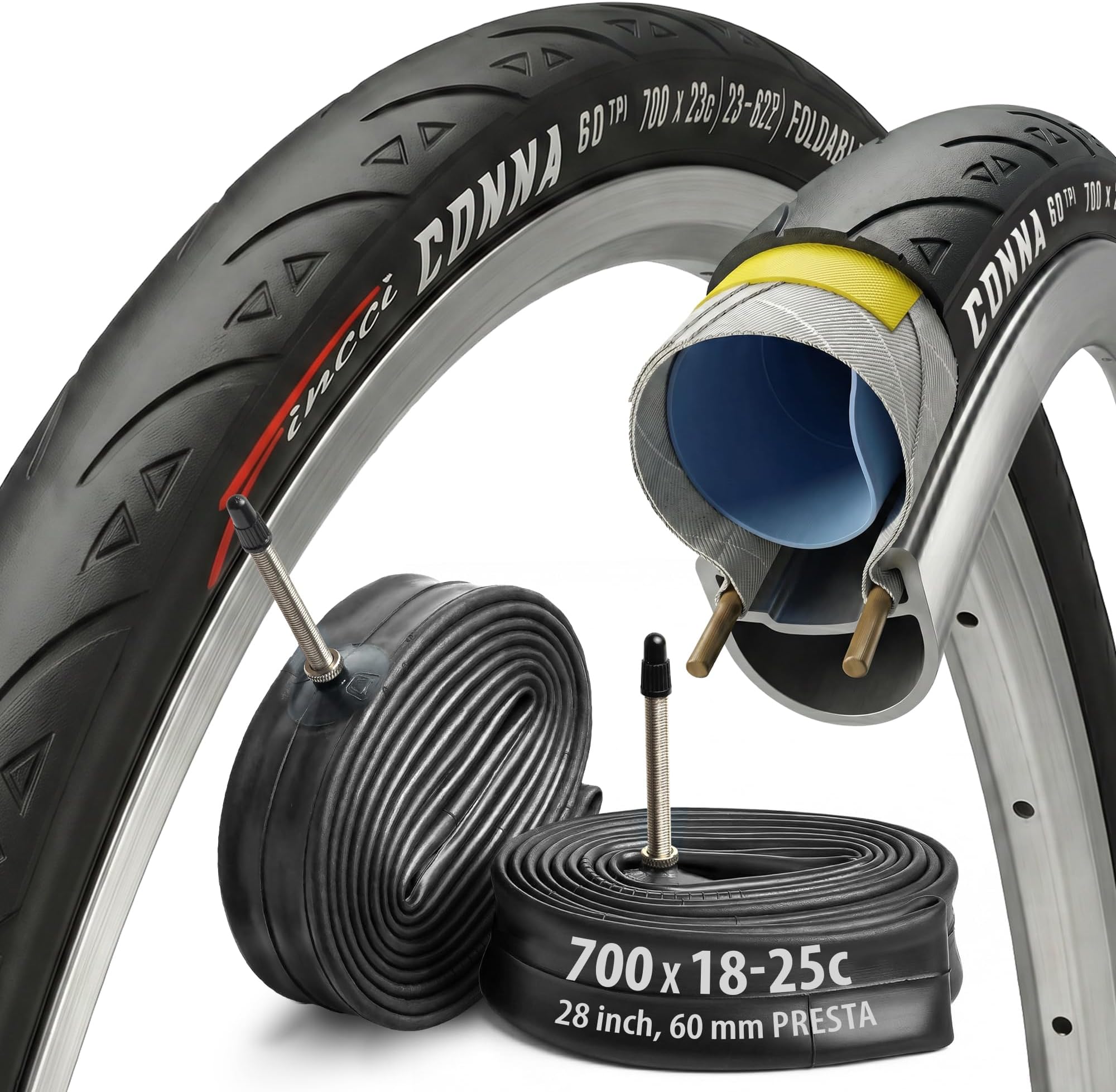 Fincci Road Bike 700x23c Tyres - Foldable Kevlar 700c Tyres 28 inch with 1mm Nylon Puncture Proof & Inner Tube 23-622 Presta, Lightweight 60 TPI for Race, Carrera & Touring Bikes, Turbo Trainer