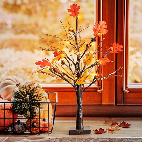 Miniatura 5 de Ethlomoer Árbol de arce artificial de 24 pulgadas con luces para decoraciones de otoño, 24 luces LED preiluminadas para Acción de Gracias, centros