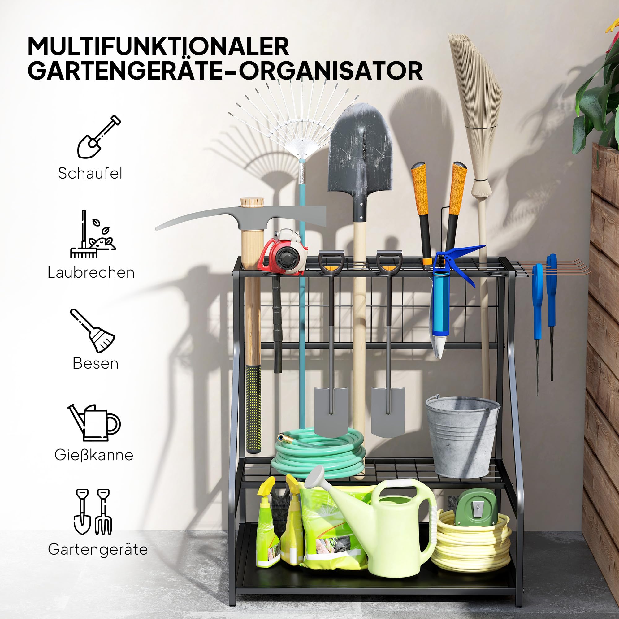 Outsunny Gartenwerkzeug-Organizer 3-stufig mit Haken 84x53x73cm Orange | Gartengeräte Ständer, Gartenwerkzeugständer, Bis Zu 20 Werkzeuge, Gerätehalter, Mehrzweck Besenhalter