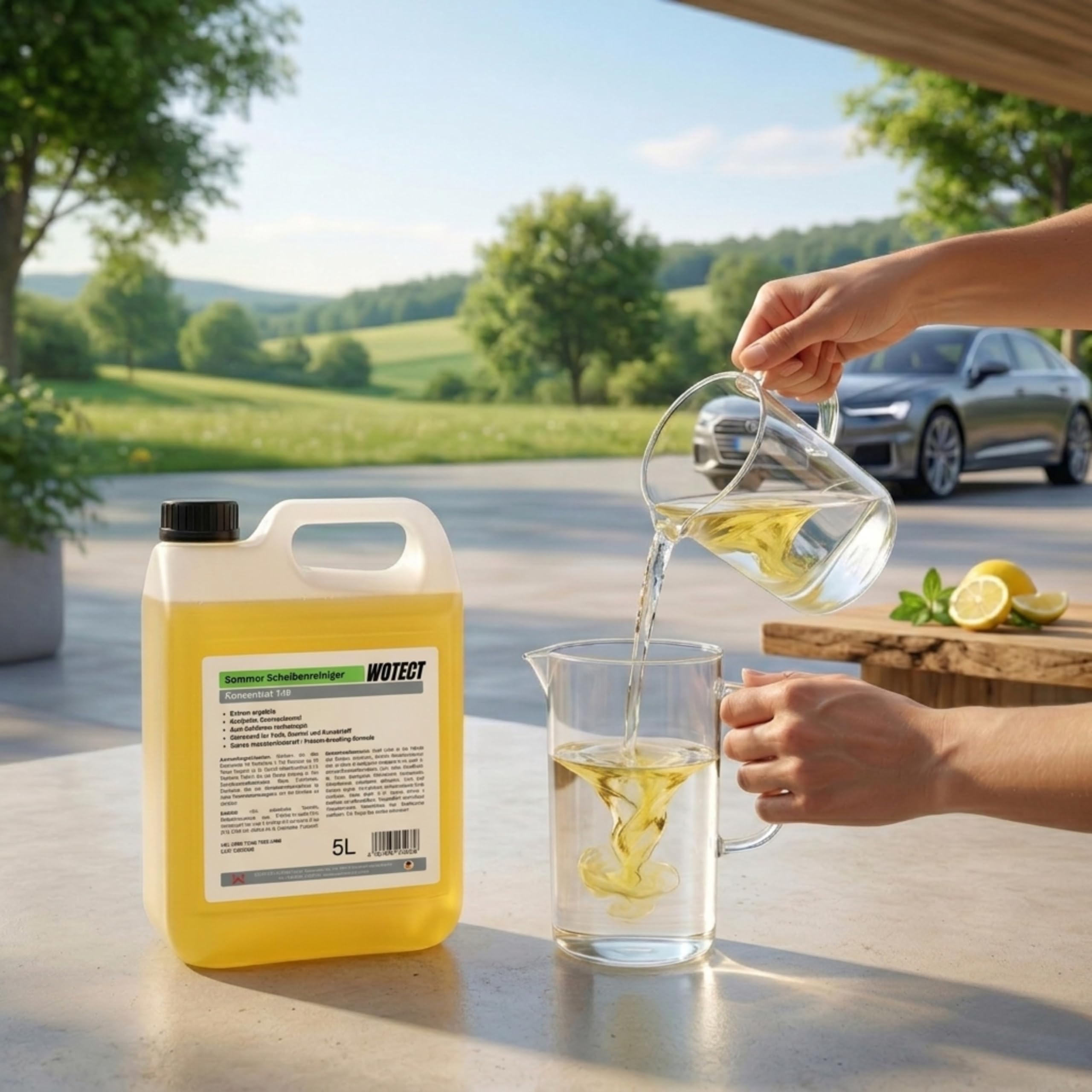 WOTECT 20L Sommerscheibenreiniger Konzentrat 1:10 Citrus – Hochkonzentriertes Scheibenwischwasser für das Auto – Entfernt Insekten & Straßenschmutz – Streifenfrei & Fächerdüsentauglich (1x20 Liter)