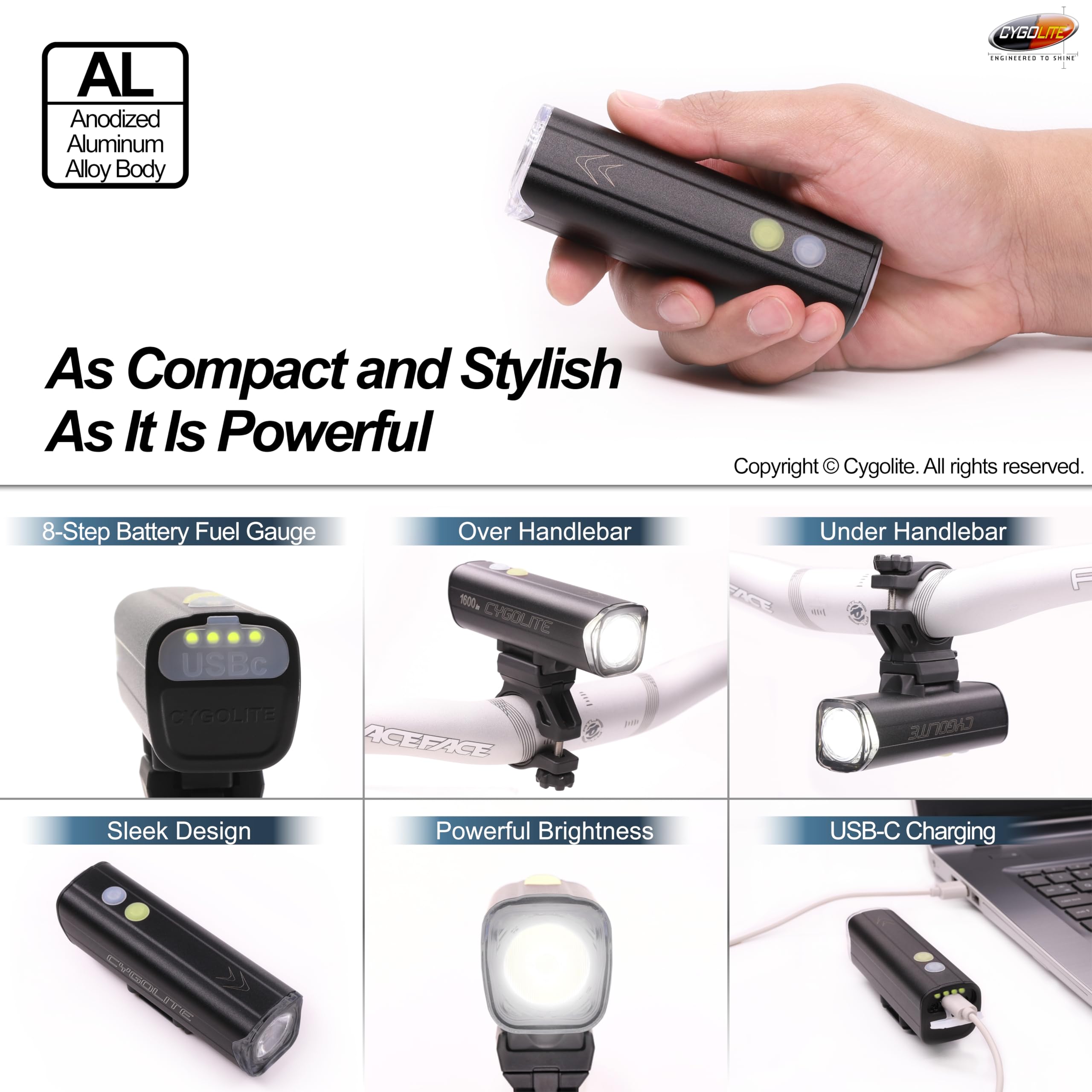 Cygolite Velocity Pro Lampe de vélo 1 600 lumens – Alliage d'aluminium anodisé – 9 modes d'éclairage – Luminosité réglable fine – Compact, étanche IP67 – Support rigide sécurisé – Recharge USB-C –