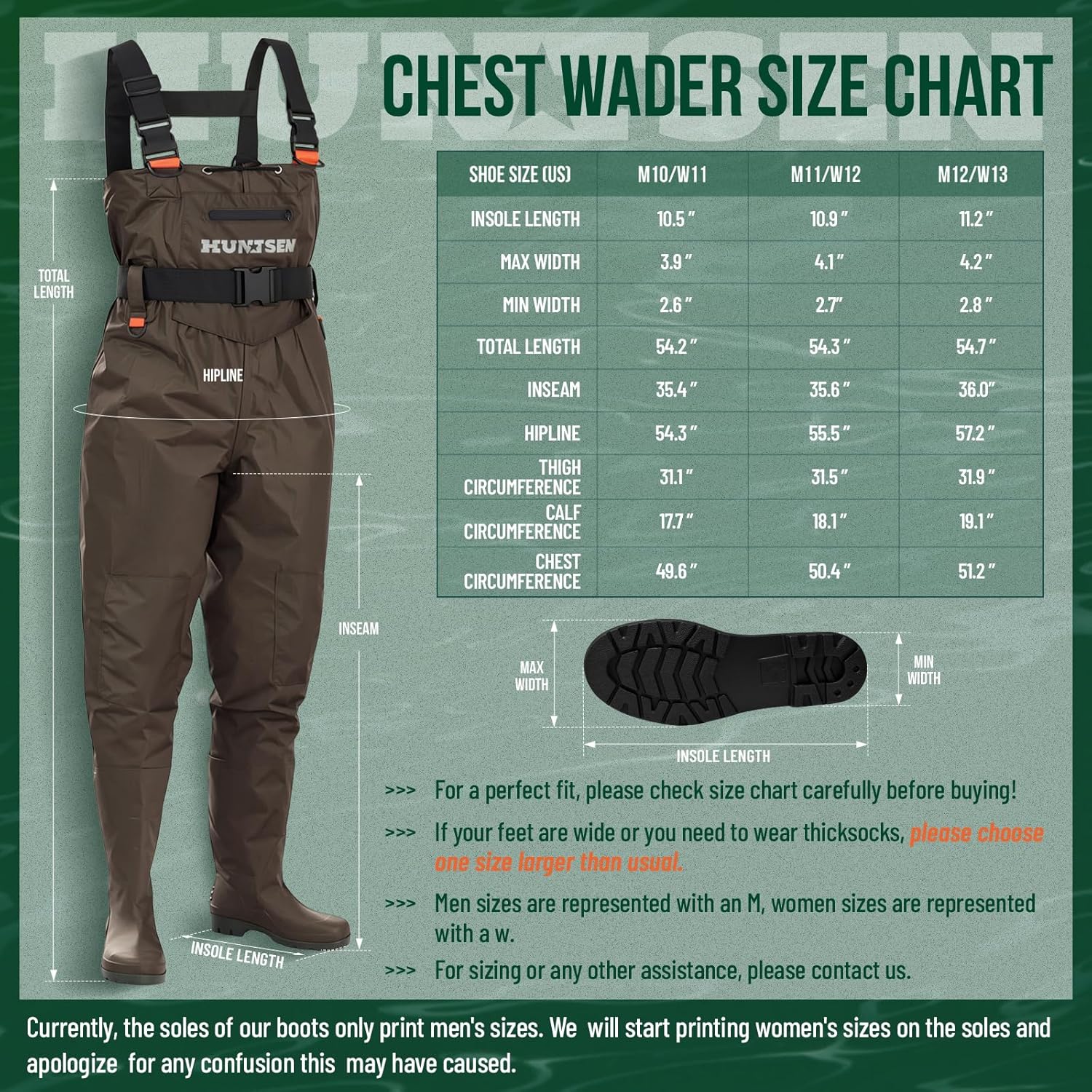 HUNTSEN Fishing Waders for Men Women - 2-Ply Nylon/PVC Waterproof Hunting Chest Waders with Boot Hanger&Phone Case, Size10-12