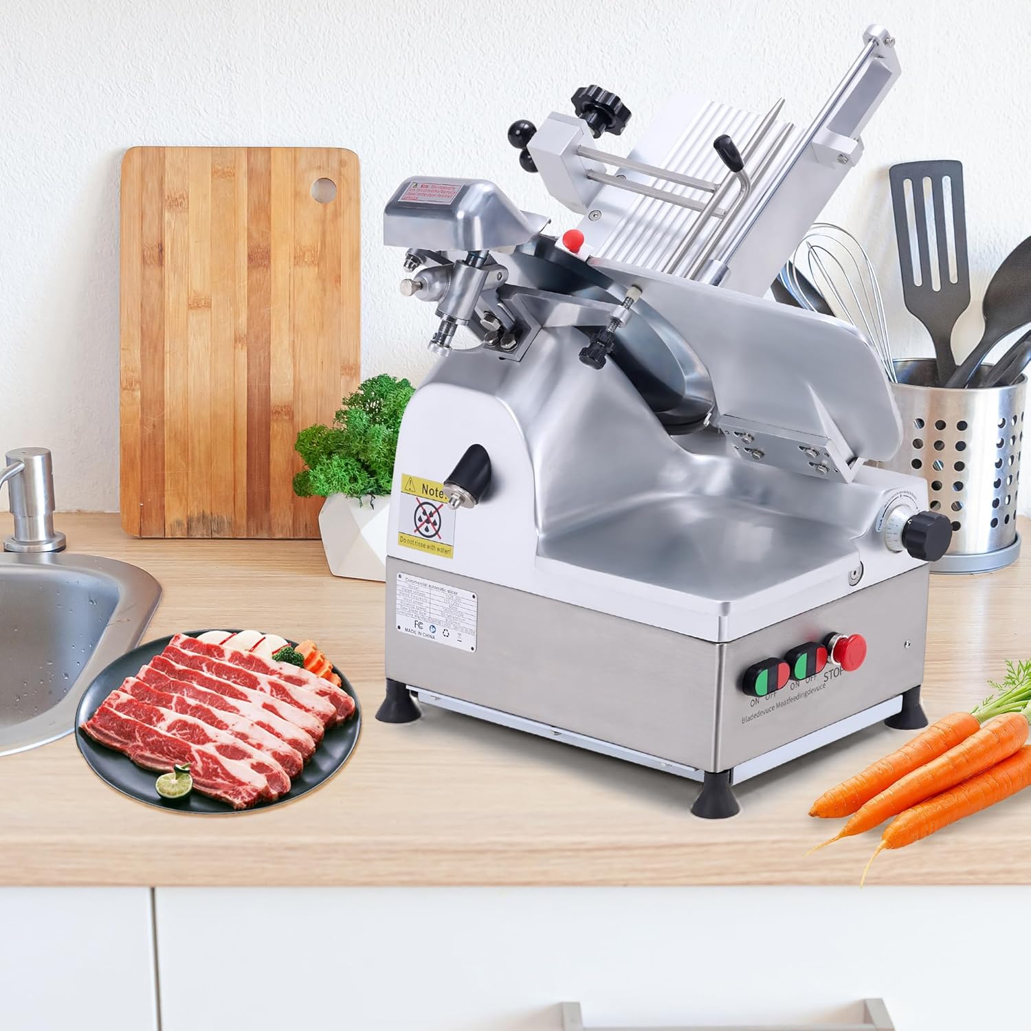 Commercial Meat Slicer with 12.6" Carbon Steel Blade, 550W Automatic Meat Slicer Machine, Professional Double-motor Food Cutter with Adjustable Thickness From 0 to 15mm for Commercial Use, Low Noise