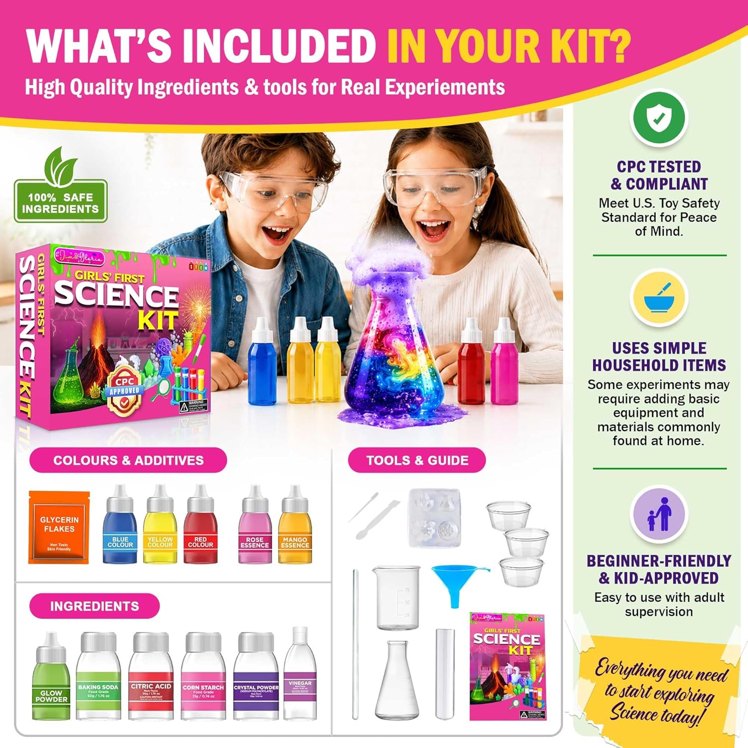 Jim&Gloria Science Kits for Kids Age 5-7 8-12 Year Old Birthday Gifts for Girls, Craft Supplies, Learning & Educational Toys, Stem Toys, Chemistry Set, Science Experiments for Kids Volcano Projects