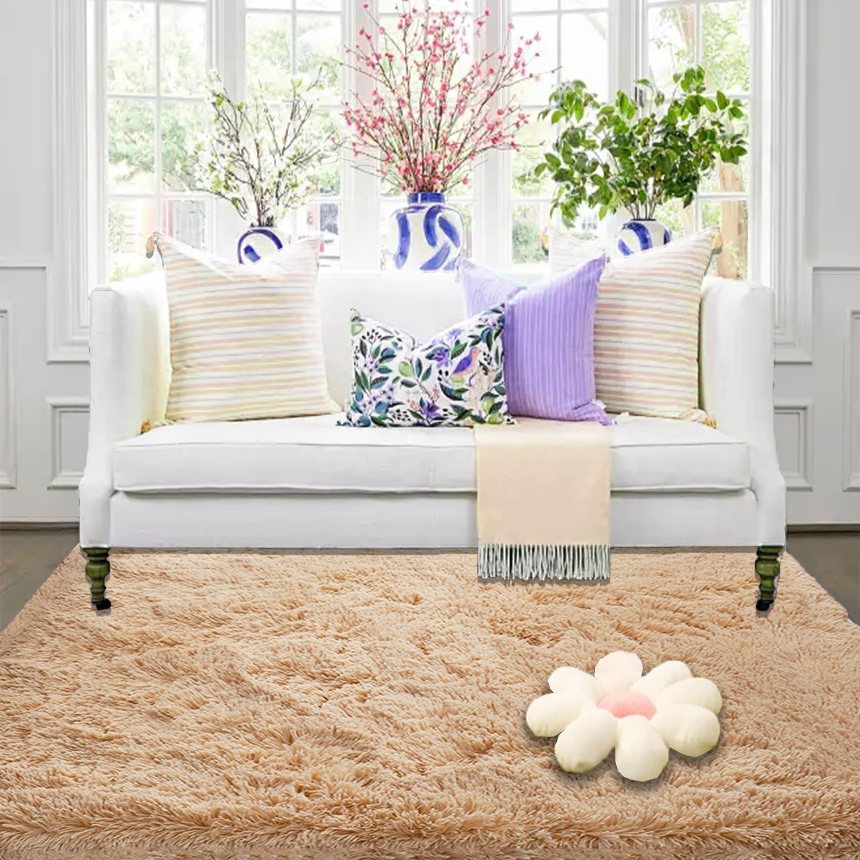 Tapis haute densité de poils shaggy moderne beige 85 x 175 cm de salon