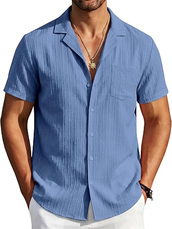 Mens Shirt Short Sleeve Textured Button Up Beach Vacation Shirt with Pocket