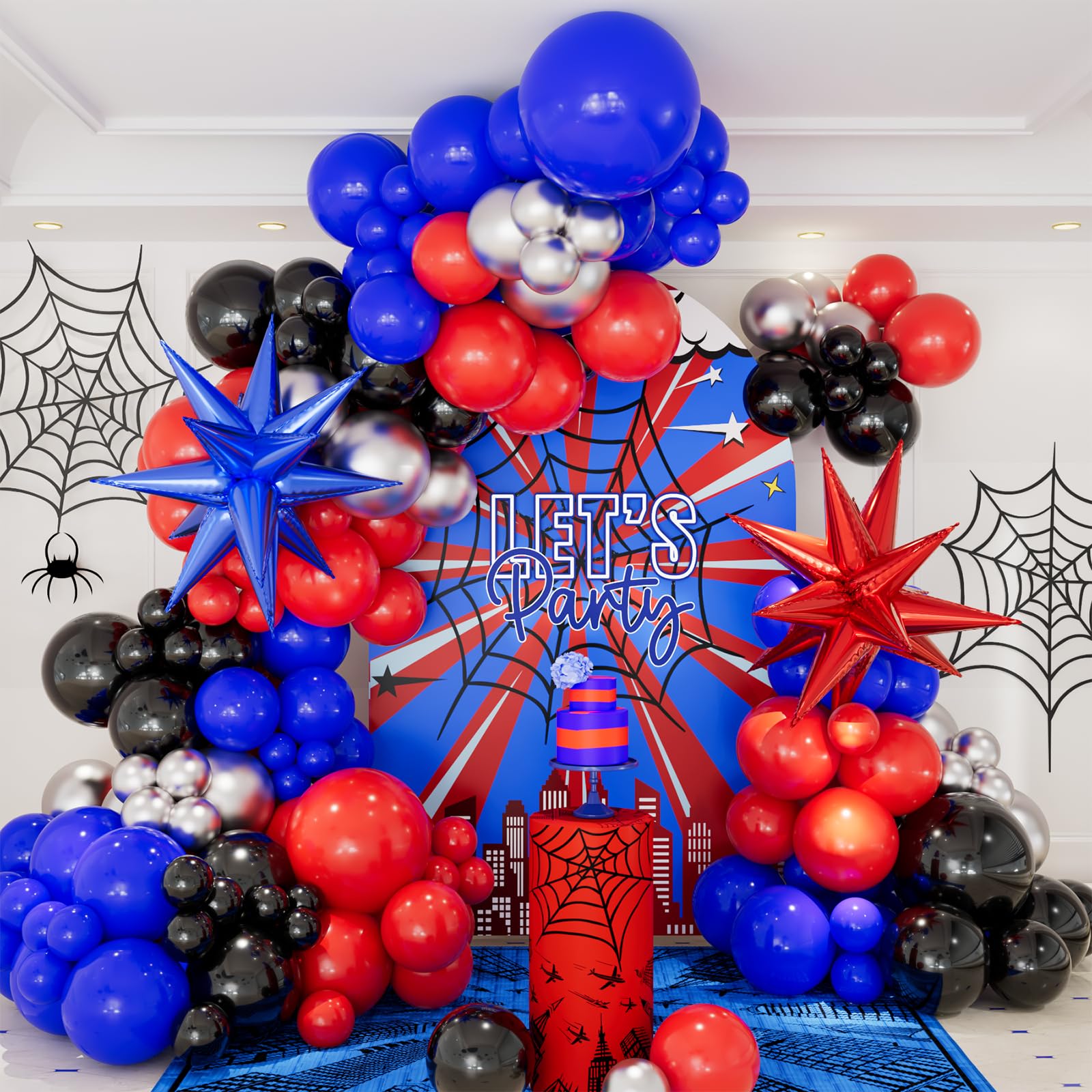 CboDeco Spider Balloon Garland Arch Kit, 146PCS Red and Blue Balloons with Exploding Star Foil Balloons, Spider Theme Birthday Decorations for Boys,