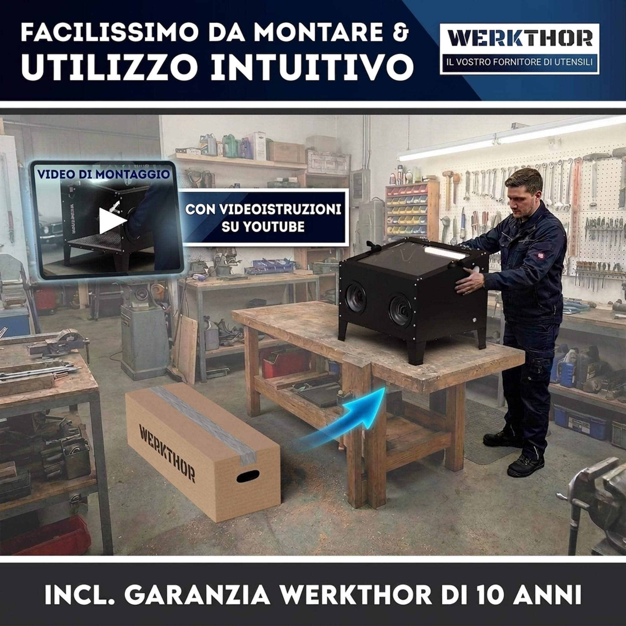 Werkthor Cabina sabbiatrice 94,8 litri – sabbiatrice per legno e metallo con pistola a getto e 4 ugelli in ceramica – sabbiatrice per trattamento – 25 galloni