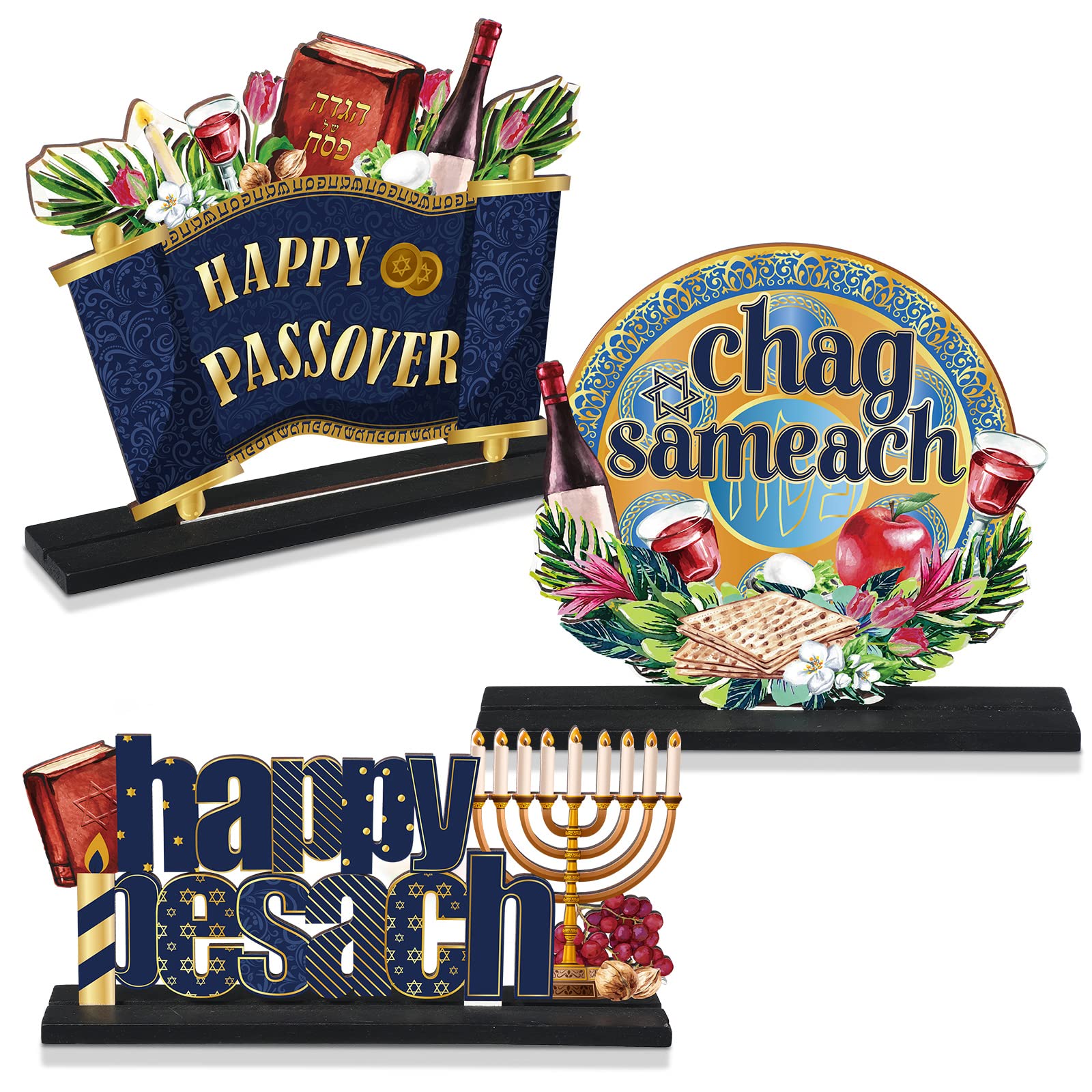 Photo 1 of Qunclay 3 Pcs Happy Passover Wooden Centerpiece Sign Chag Sameach Table Decorations Wood Happy Pesach Table Topper Centerpiece Decorations for Passover Seder Jewish Holiday Party Supplies Home Decor