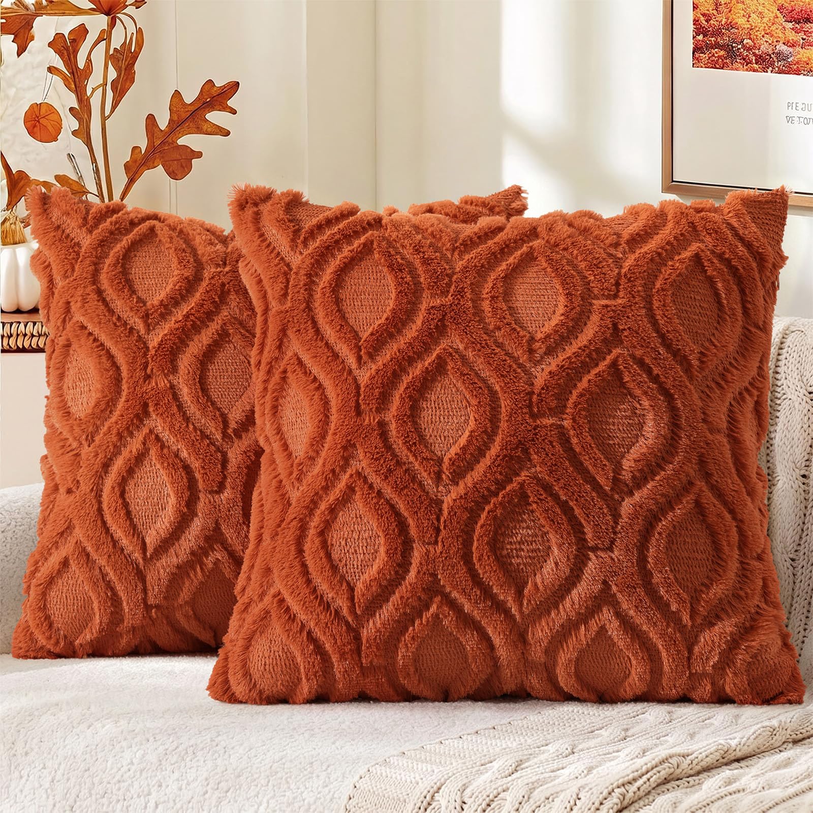 decorUhome Faux Fur Plush Light Rust Throw Pillow Covers 18x18 Set of 2