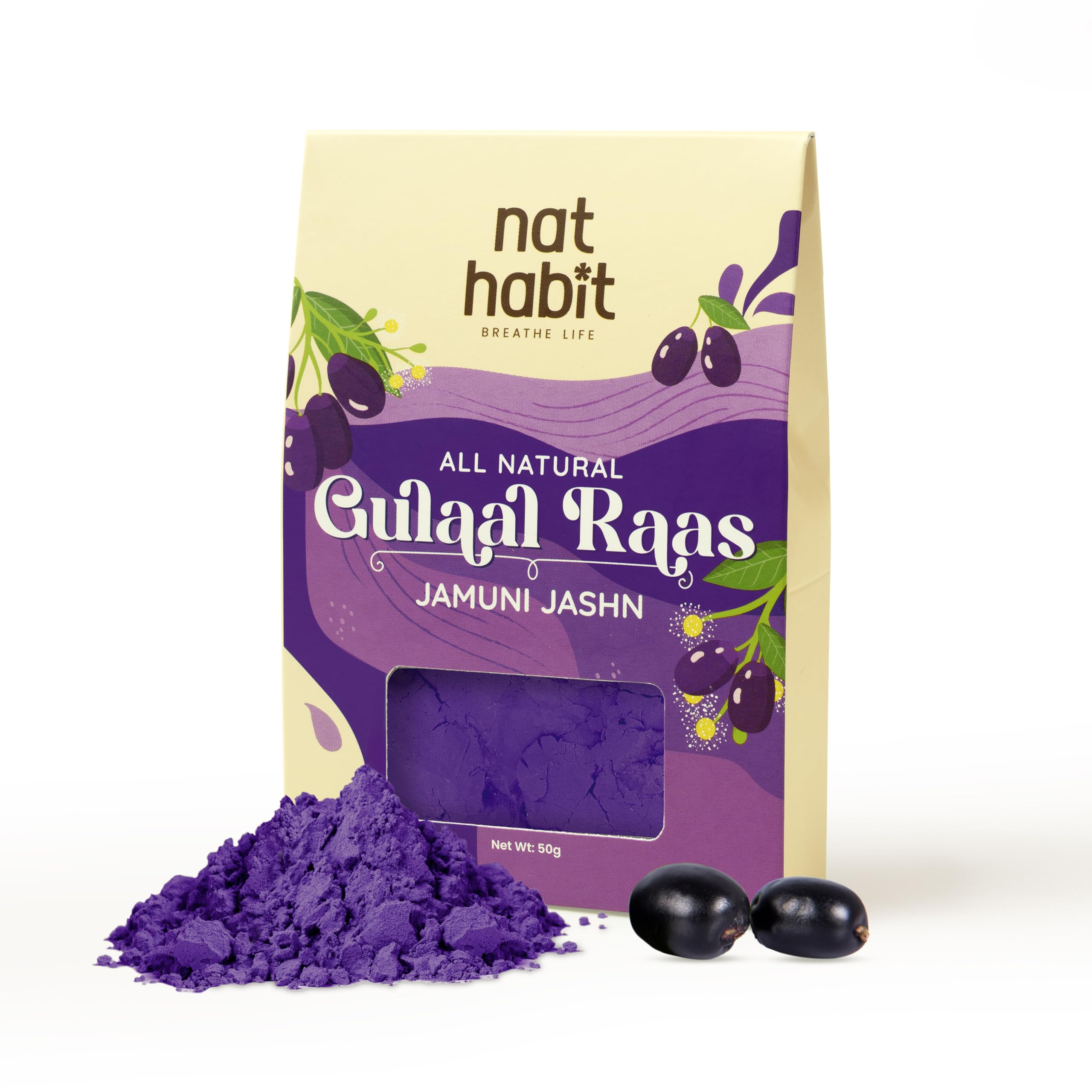 Nat Habit Jamuni Jashn Purple Gulal (Purple), Natural Organic Holi Colors, Safe for Kids, Toxin Free, Chemical Free, No Artificial Fragrance (Pack of 1, 50 gm)