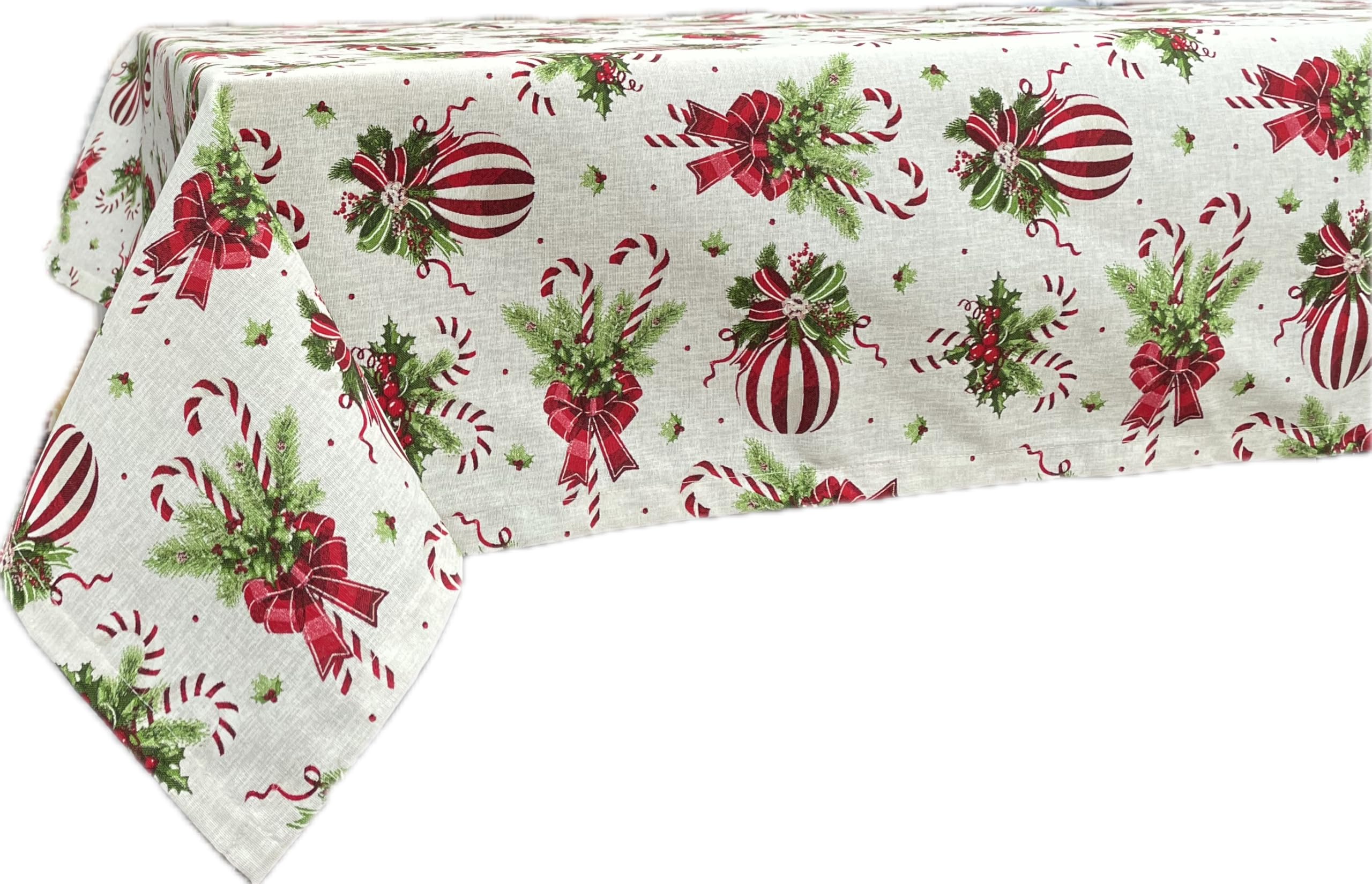 1KDreams Mantel navideño rectangular. Bolas con lazos rojos y hojas de abeto sobre fondo blanco. Elegante. Clásico y moderno. (130 x 300 cm)