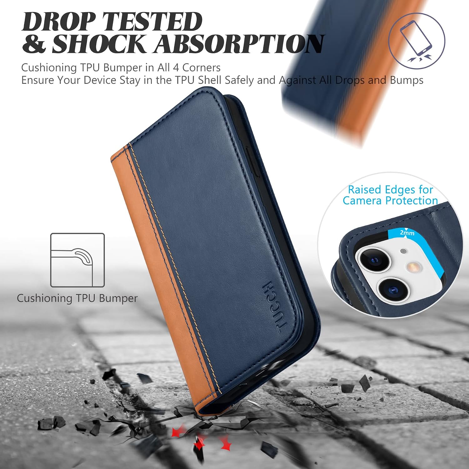 TUCCH Case for iPhone 12 Pro/iPhone 12 5G, PU Leather Folio Case Wallet with Kickstand [Card Slot] Cover [Protective TPU Interior Case] Compatible with iPhone 12 /iPhone 12 Pro 6.1-inch, Brown & Blue
