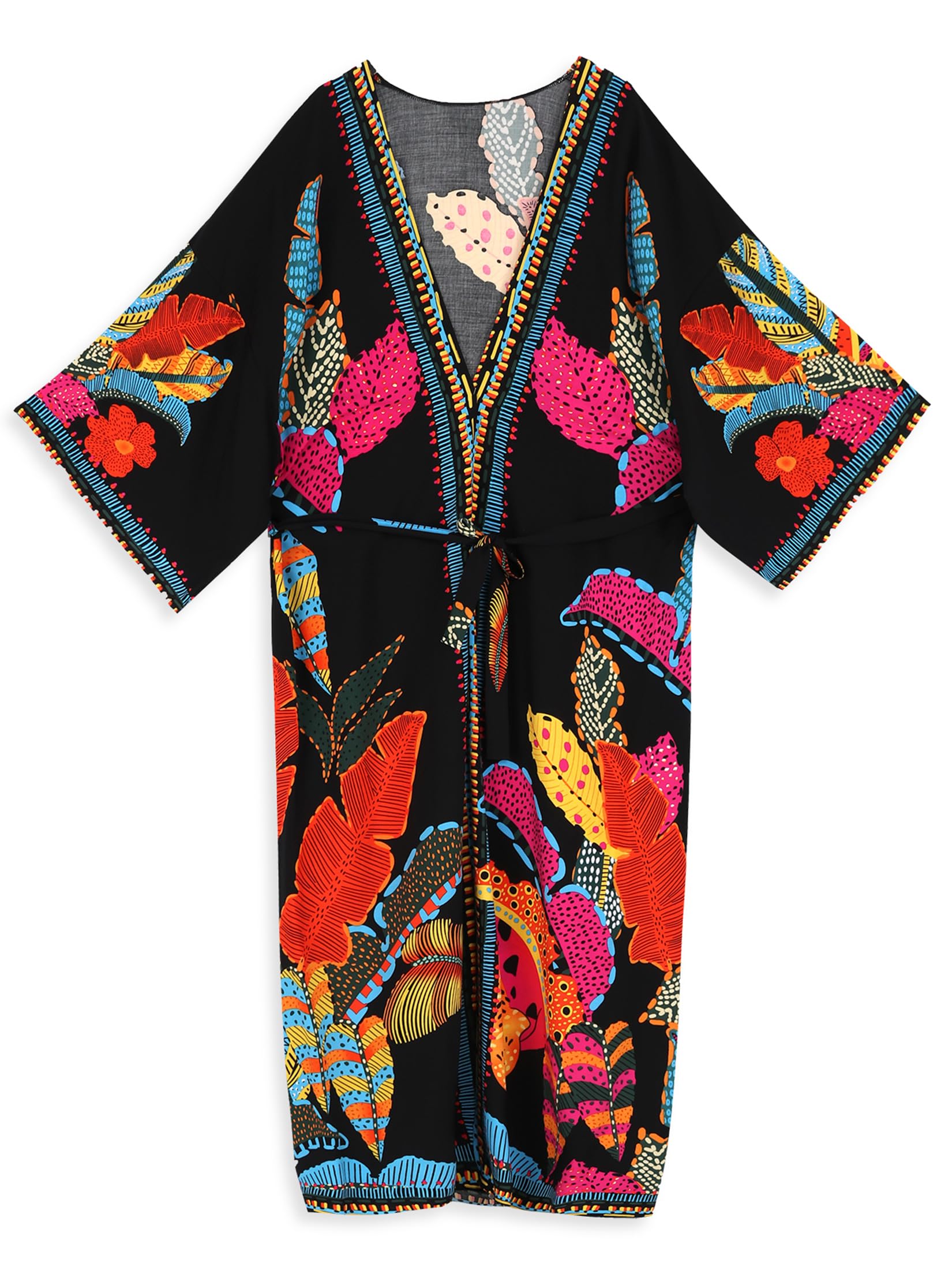 EDOLYNSA Bata Larga Tipo Kimono de Playa para Mujer con Parte Delantera Abierta, Negro 4, Talla única