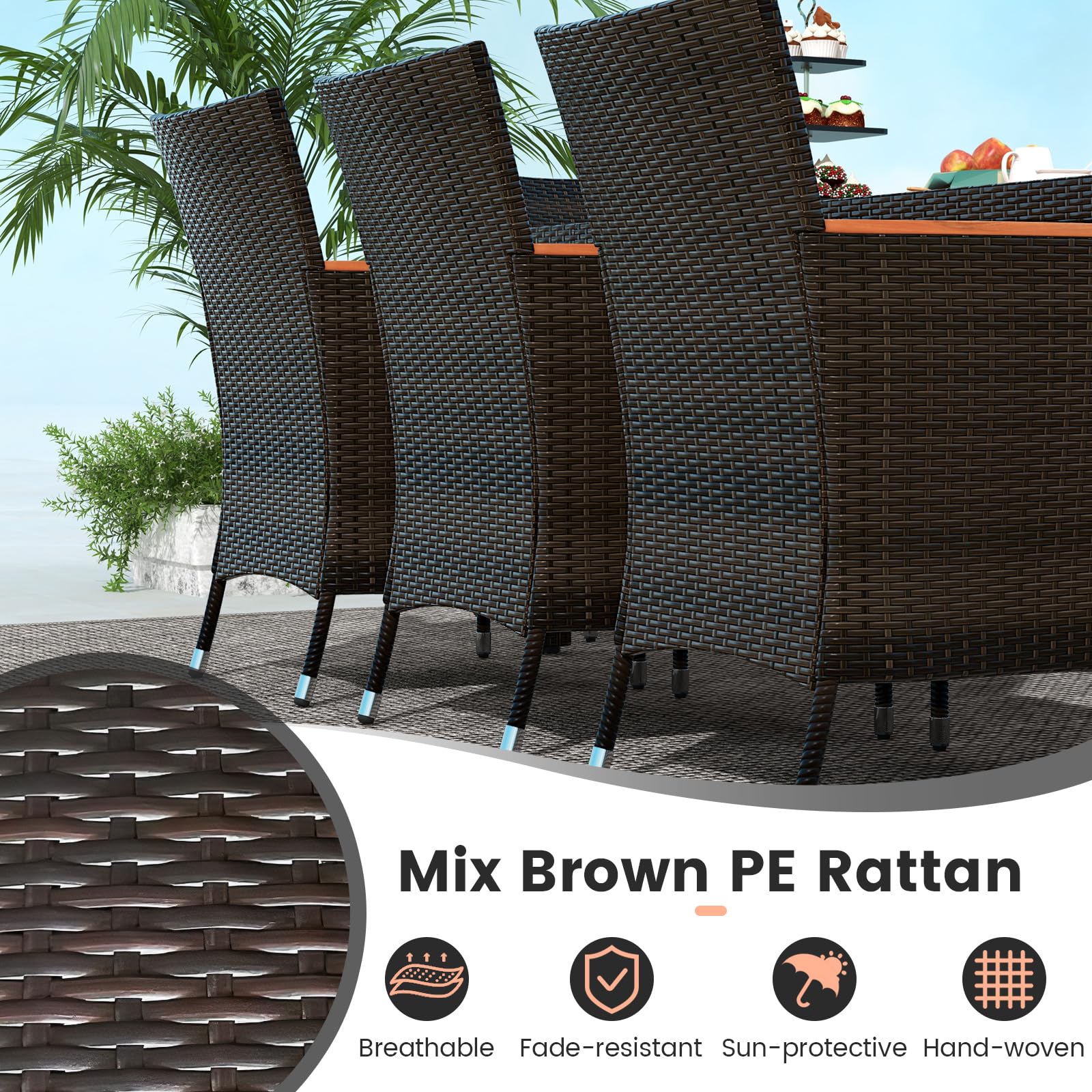 GIANTEX Tavolo e Sedie da Pranzo in PE Rattan, Set di Mobili in Rattan, Set di Mobili Composto da 9 Pezzi, con 8 Sedie e 1 Tavolo, Piano del Tavolo in Acacia, per Interno e Esterno