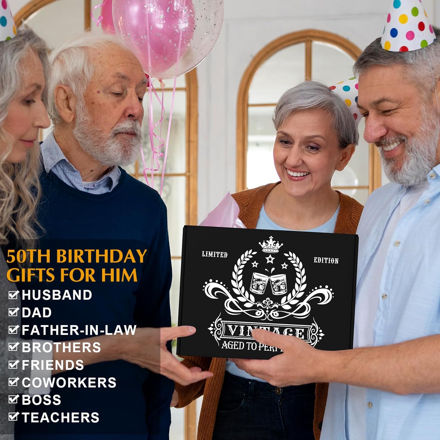 50th Birthday Gifts for Men Whiskey Glass Set, 50th Birthday Party Supplies with 11 Oz Whiskey Glass Coaster Stone Baseball Cap Apron Sock Toilet Paper Keychain for Him, Dad, Husband, Friends - Image 7