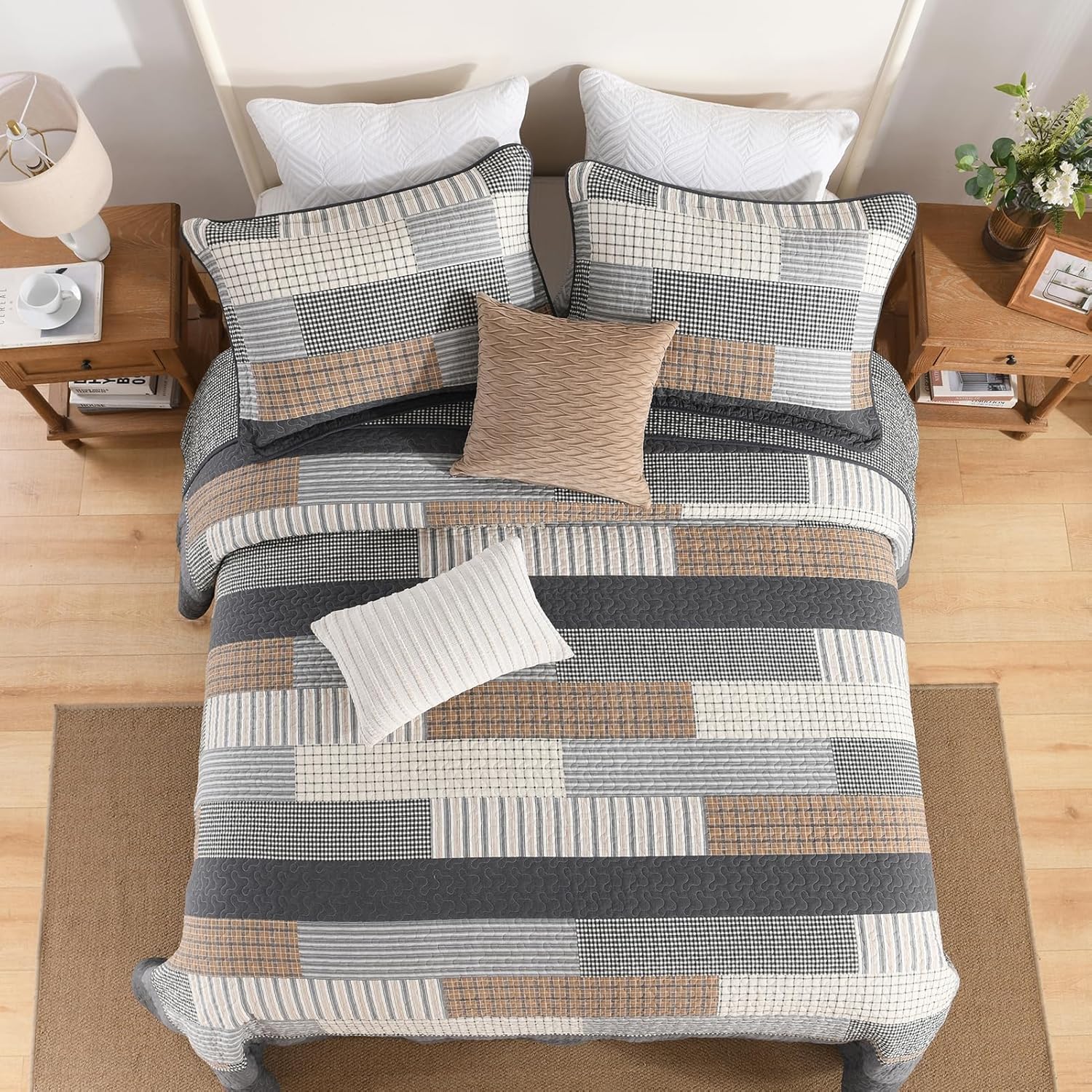 100% Cotton Bedspread Oversized Queen Size - 102"x120" Gray Quilt Set with Farmhouse Plaid Pattern, Soft Reversible Rustic Lightweight Comforter Bedding Set 3pcs, Gray/Begie/Brown - Image 2