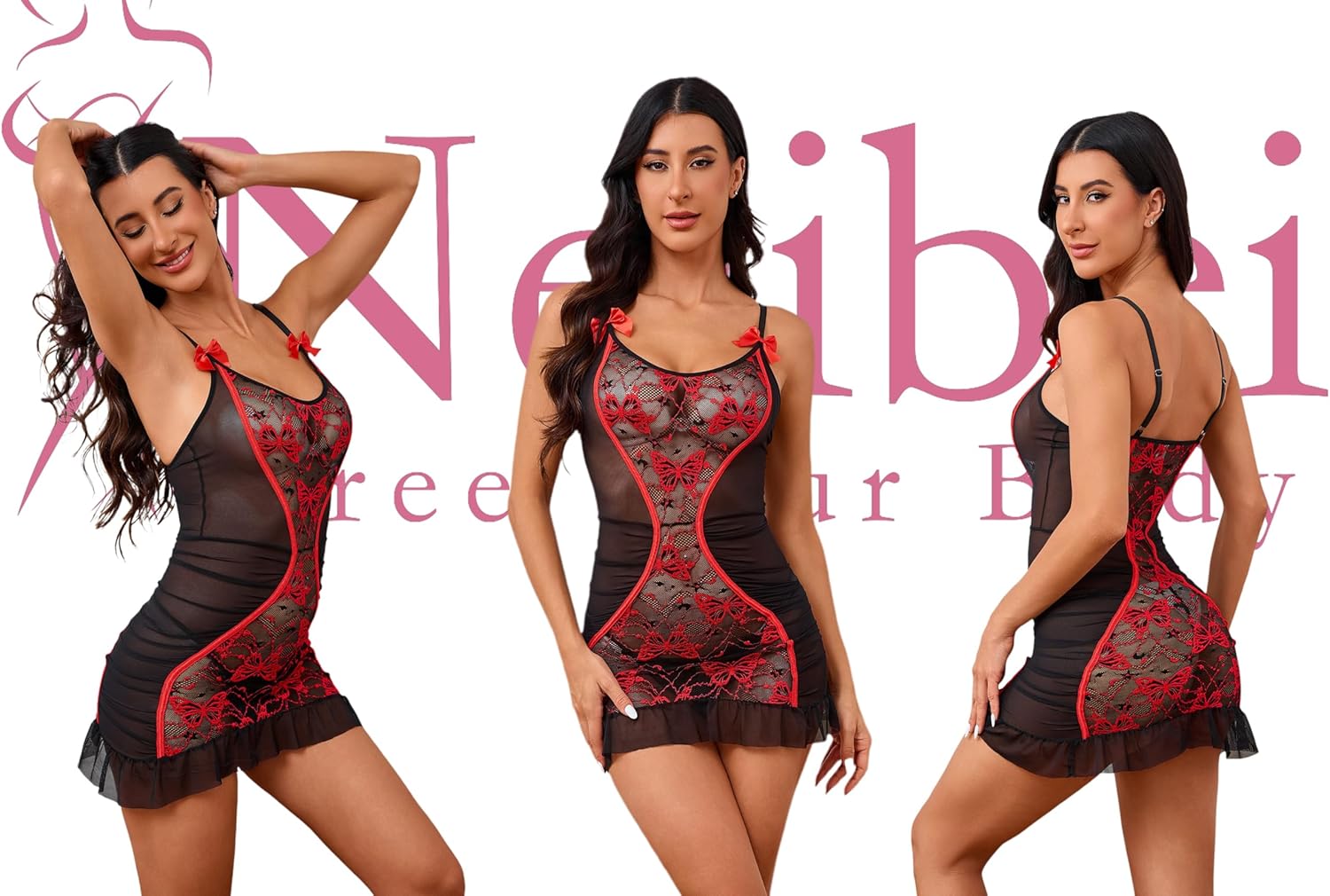 Women's Chemises & Negligees for Women Sexy, Hourglass Silhouette Cinched Waist,Butterfly Lace Sheer Lingerie Nightgown - Image 7